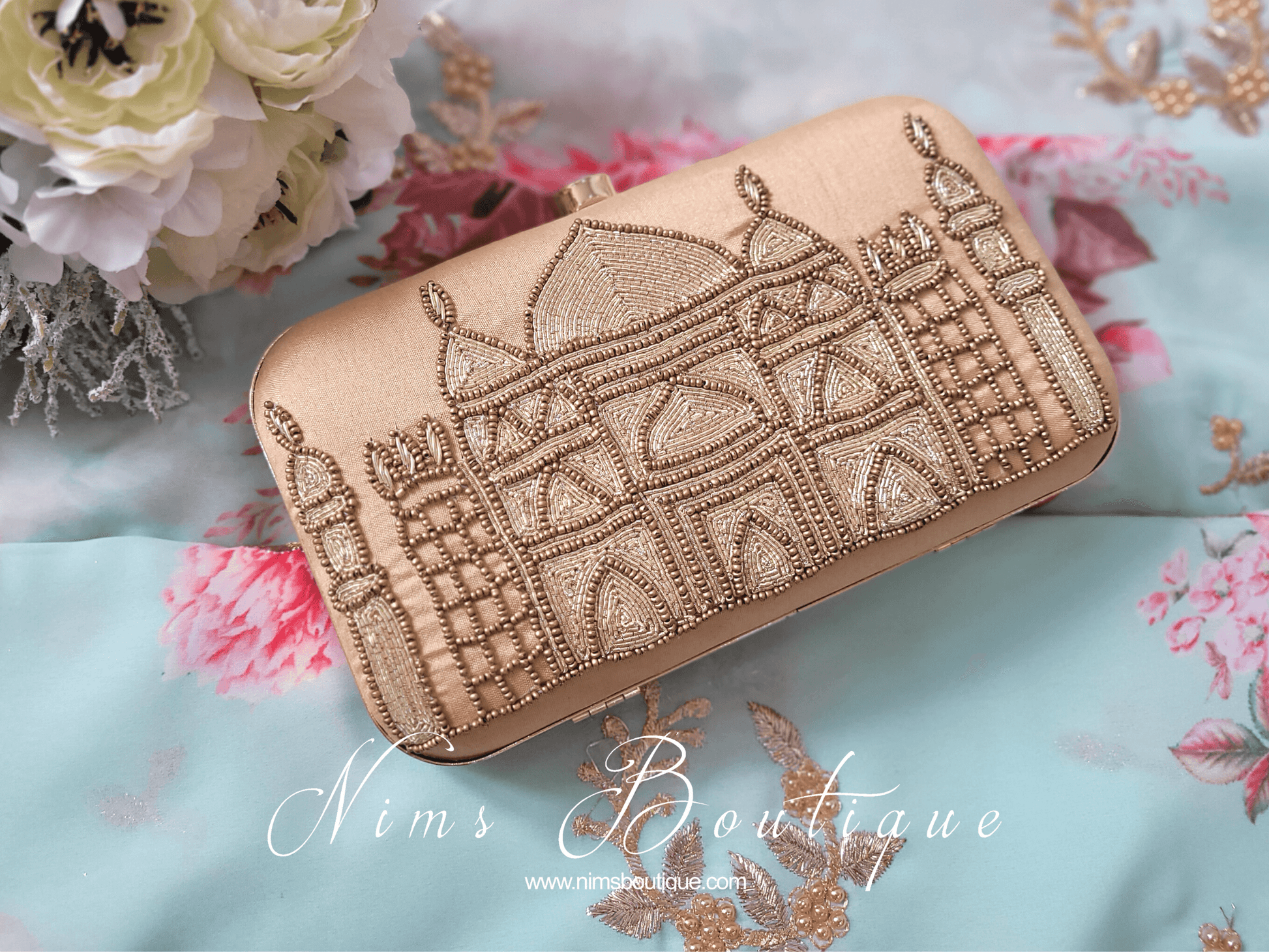 Nims Boutique Taj Gold Raw Silk Clutch Bag
