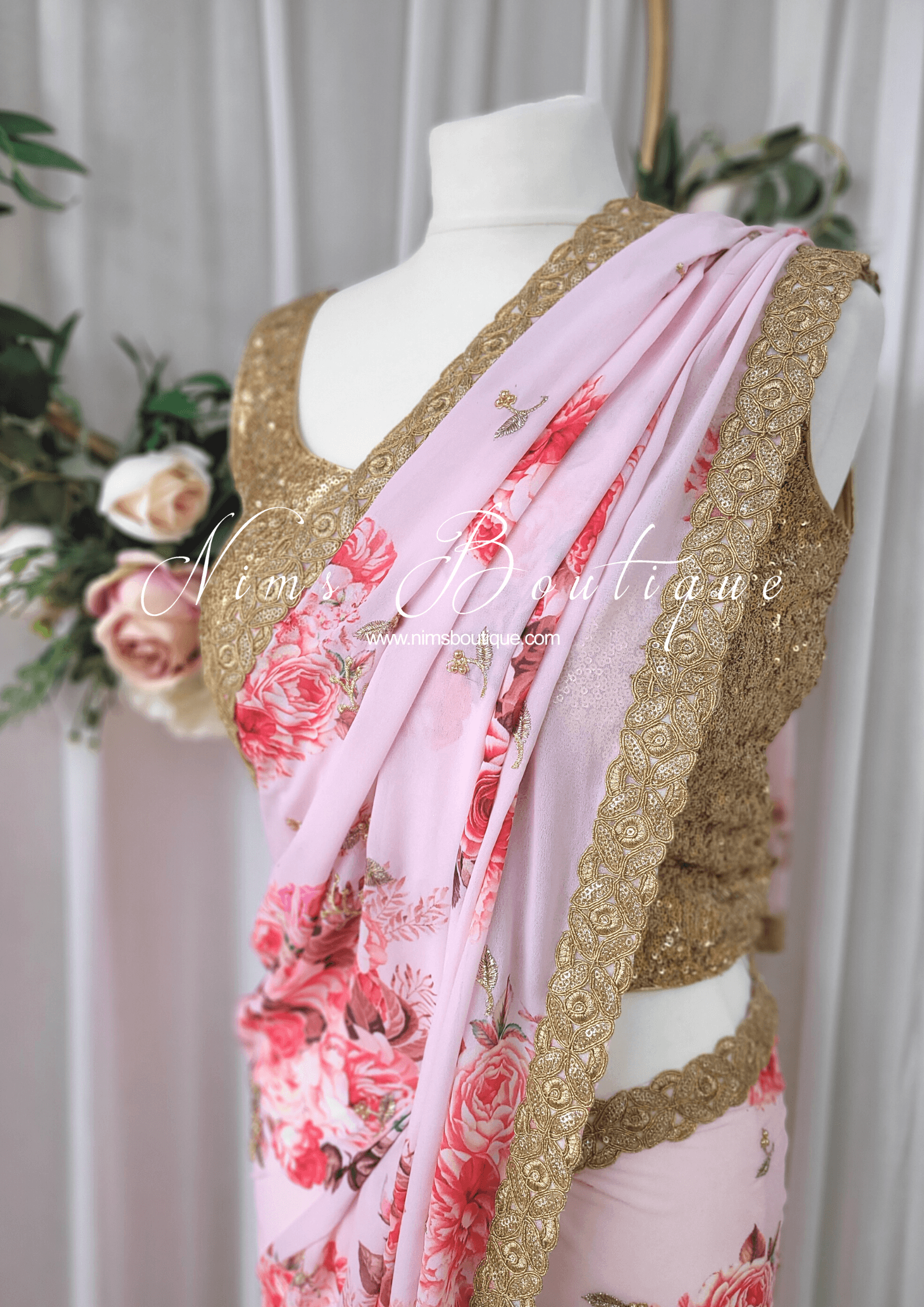 Nims Boutique La Floraison Pink Floral Georgette Saree