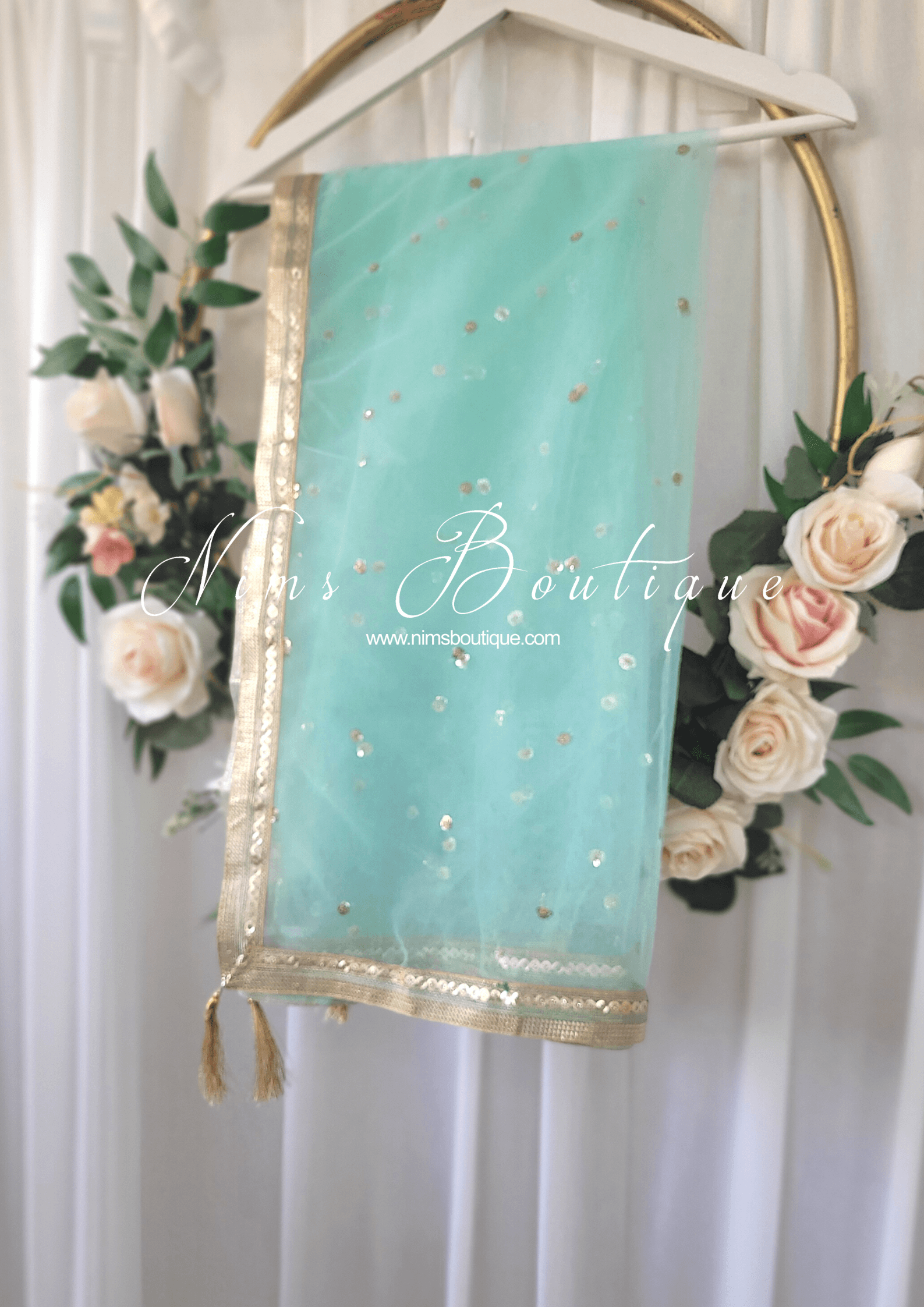 Nims Boutique Light Aqua Net Sequin Dupatta/Chunni NS13