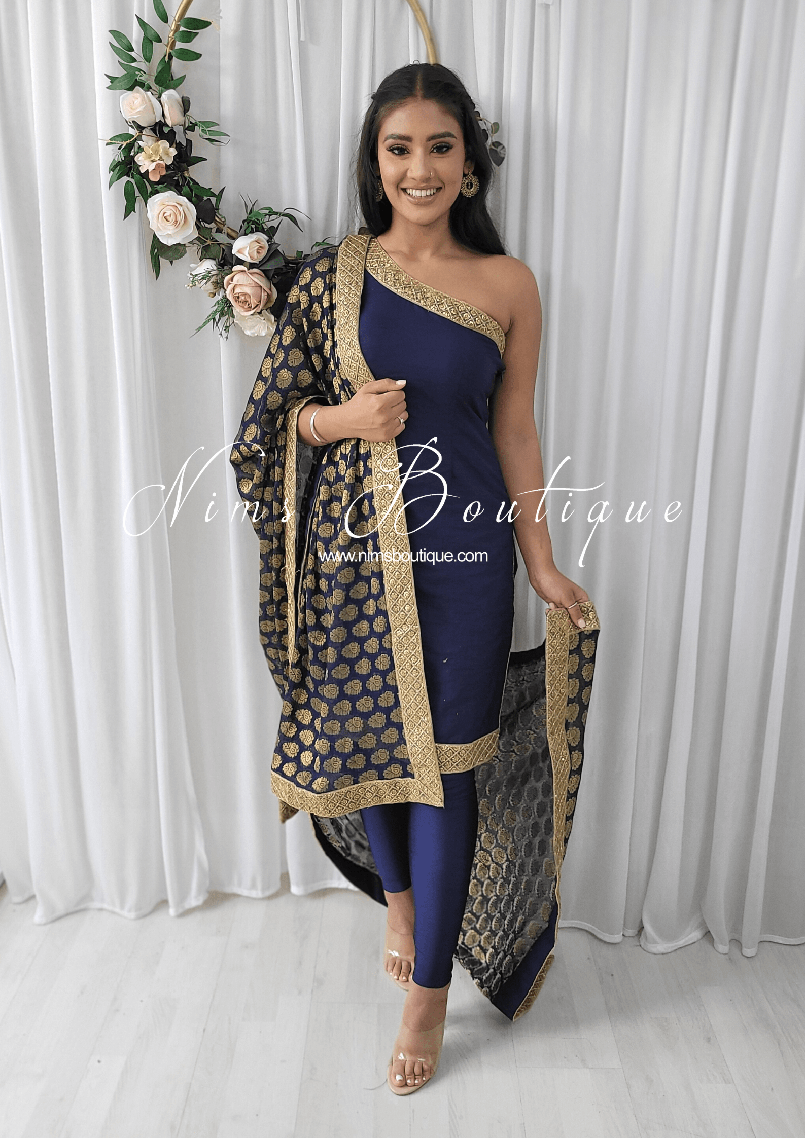 Nims Boutique One Shoulder Silk Navy Pajami Suit sizes 4-16