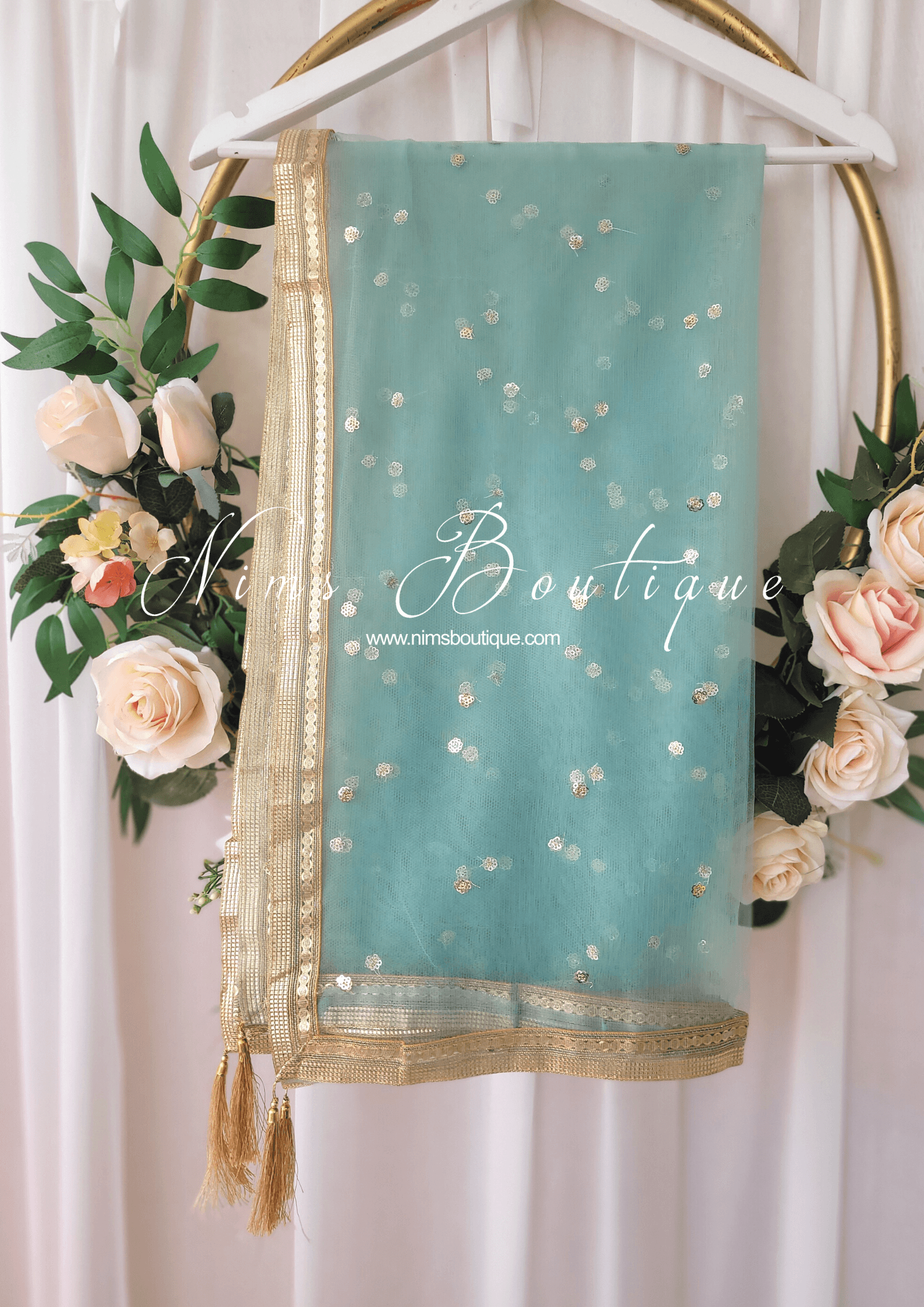 Nims Boutique Dusky Mint Net Sequin Dupatta/Chunni