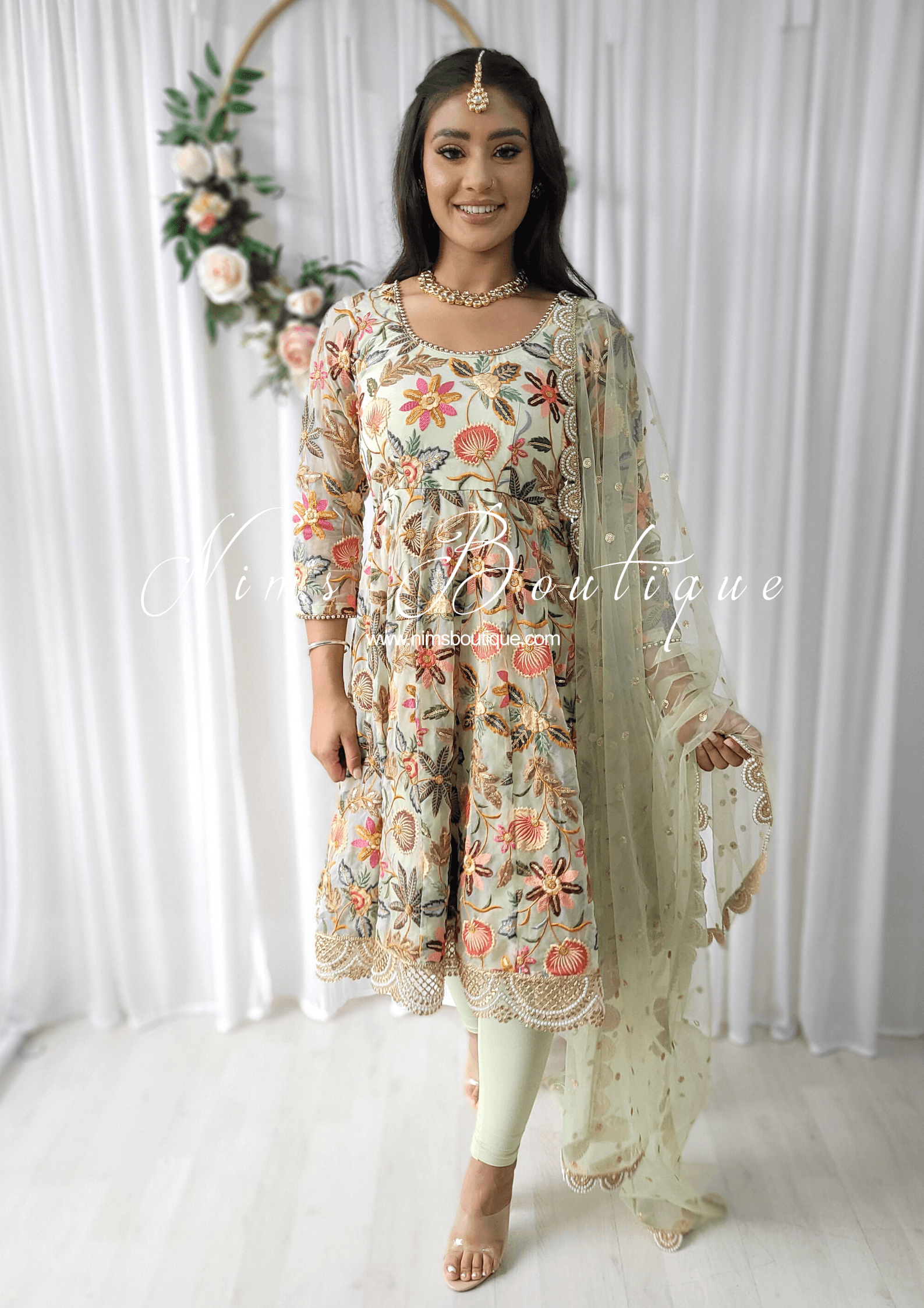 Nims Boutique Roselyn Green Luxury Anarkali Suit with Pajami sizes 4-16