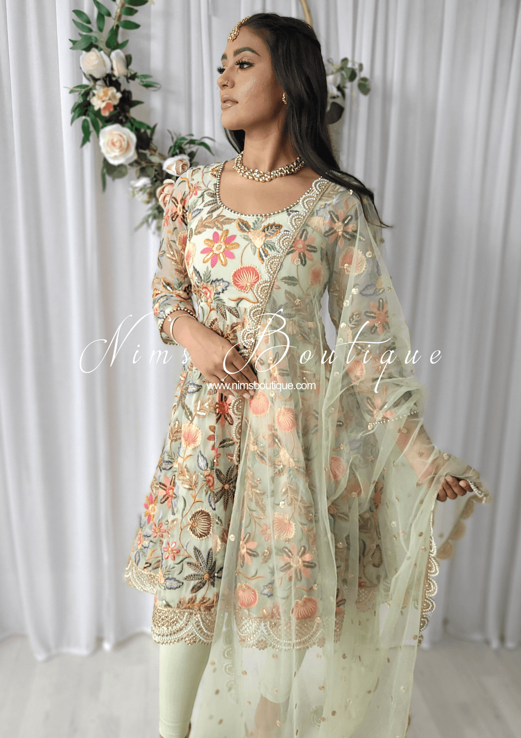 Nims Boutique Roselyn Green Luxury Anarkali Suit with Pajami sizes 4-16