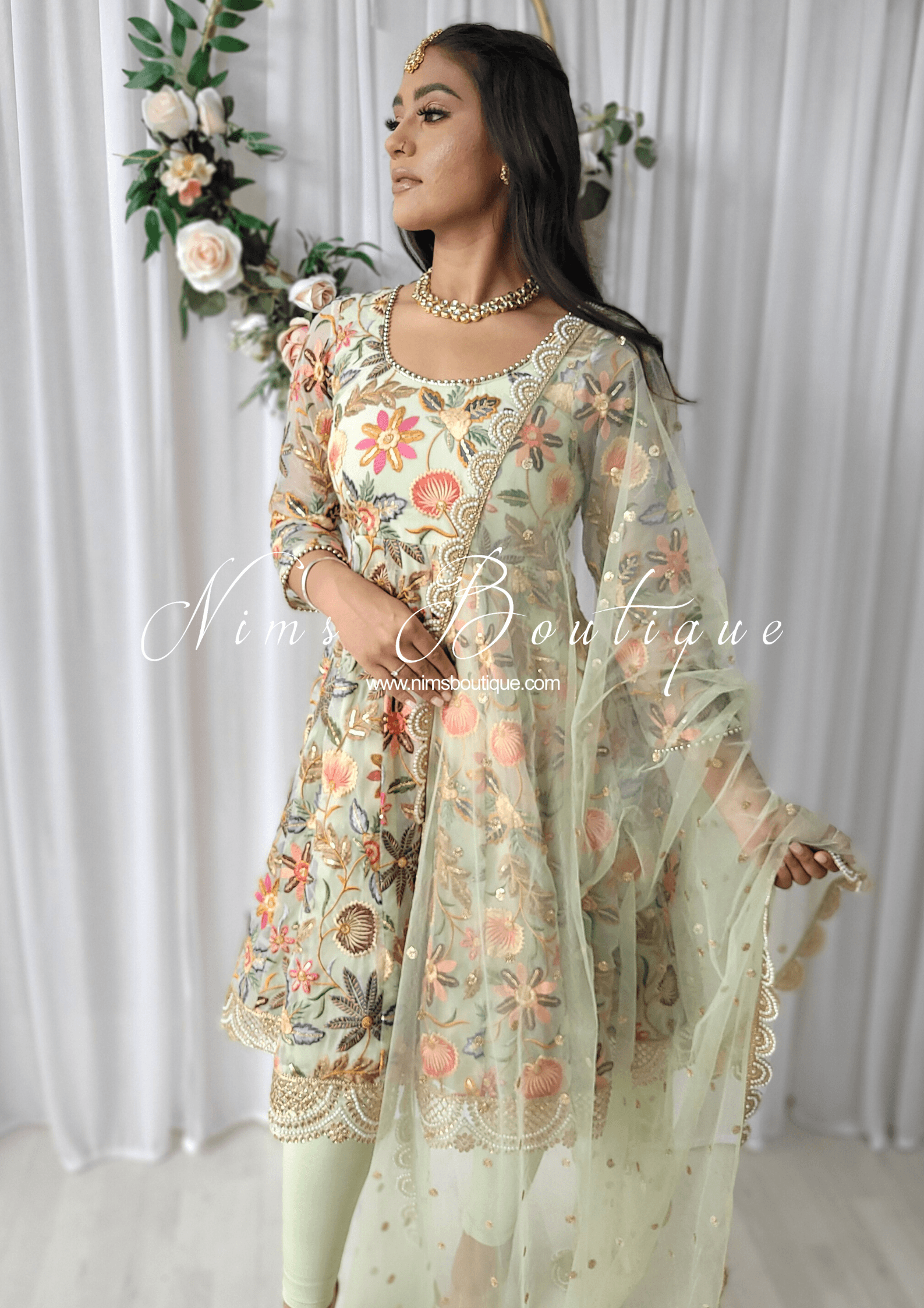 Nims Boutique Roselyn Green Luxury Anarkali Suit with Pajami sizes 4-16