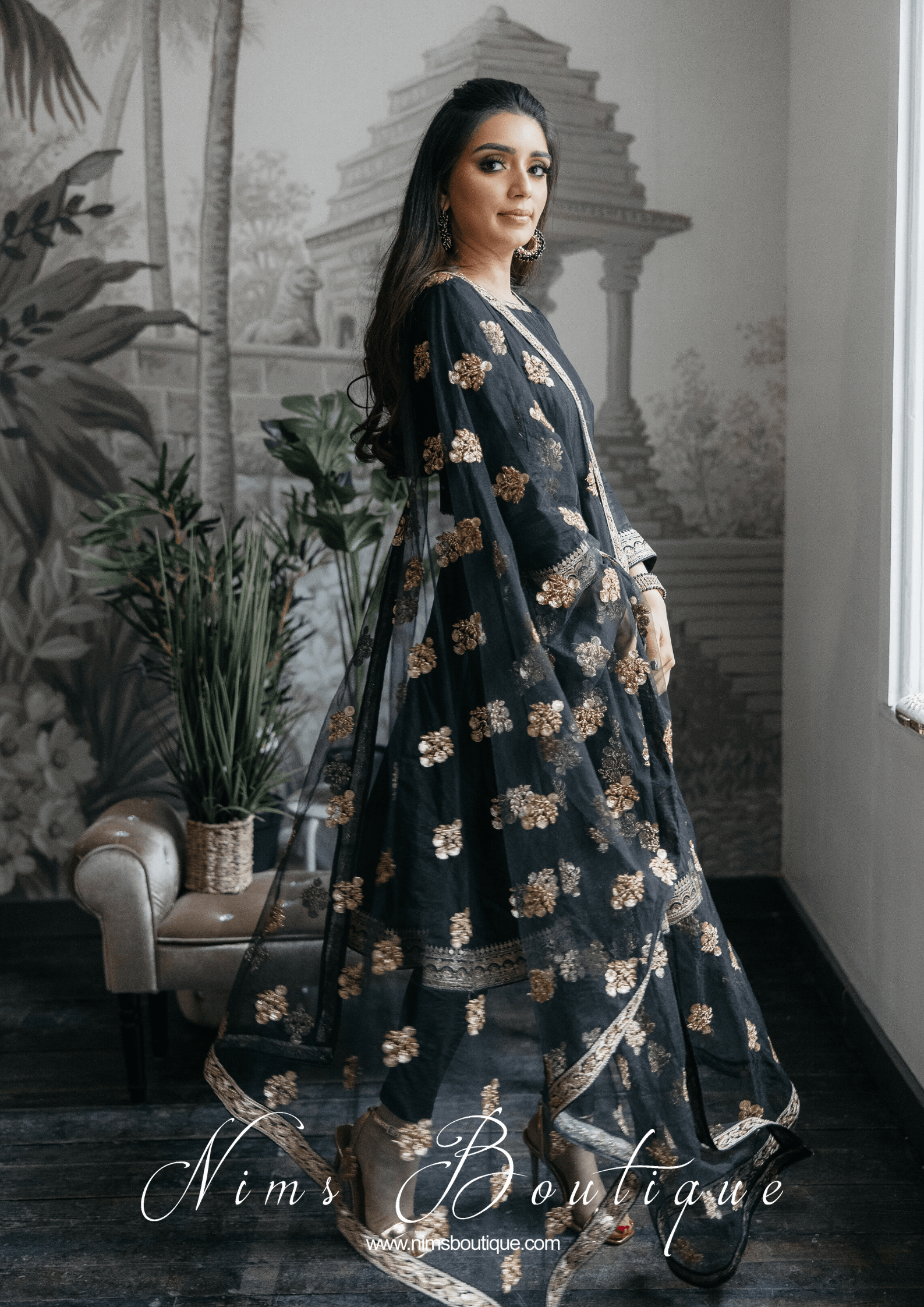 Nims Boutique Rashmi Luxury Black Silk Anarkali Suit with Pajami Sizes 4-16