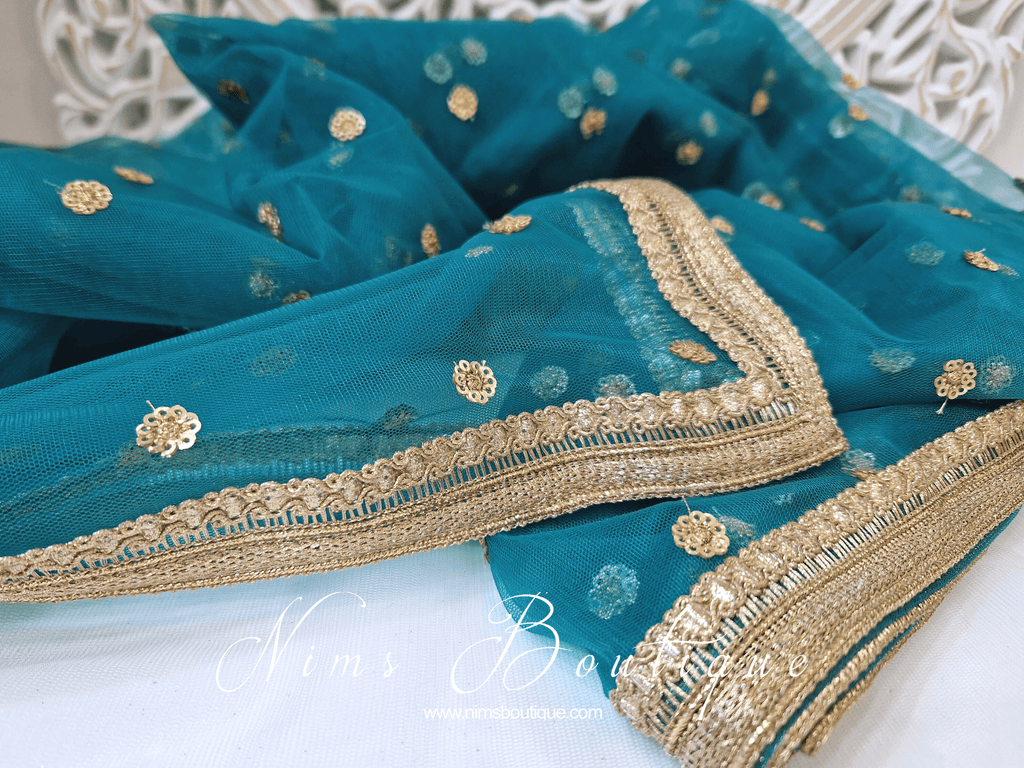 Nims Boutique Luxury Peacock Green Net Sequin Dupatta/Chunni LNS12