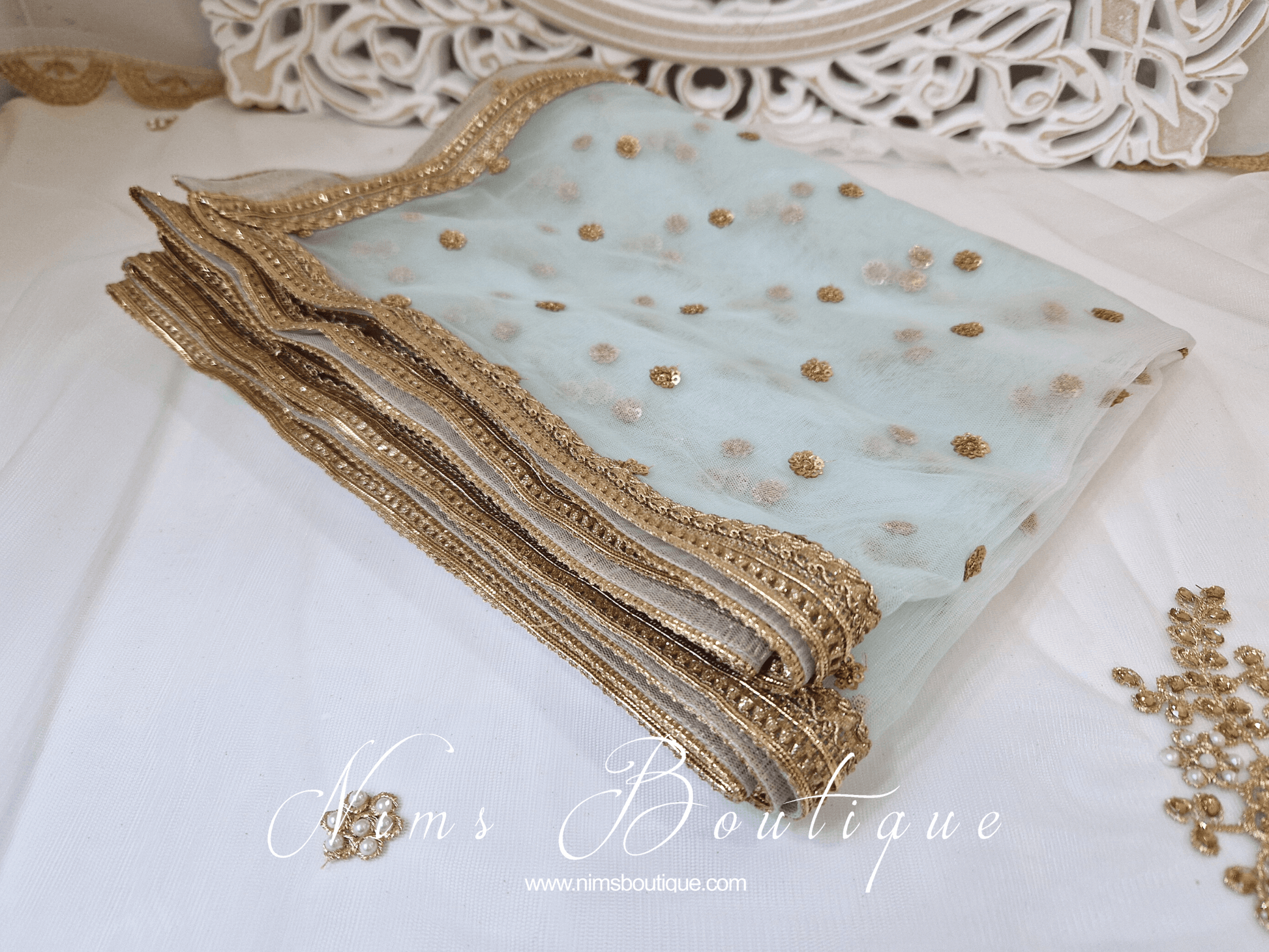 Nims Boutique Luxury Light Blue Net Sequin Dupatta/Chunni LNS4