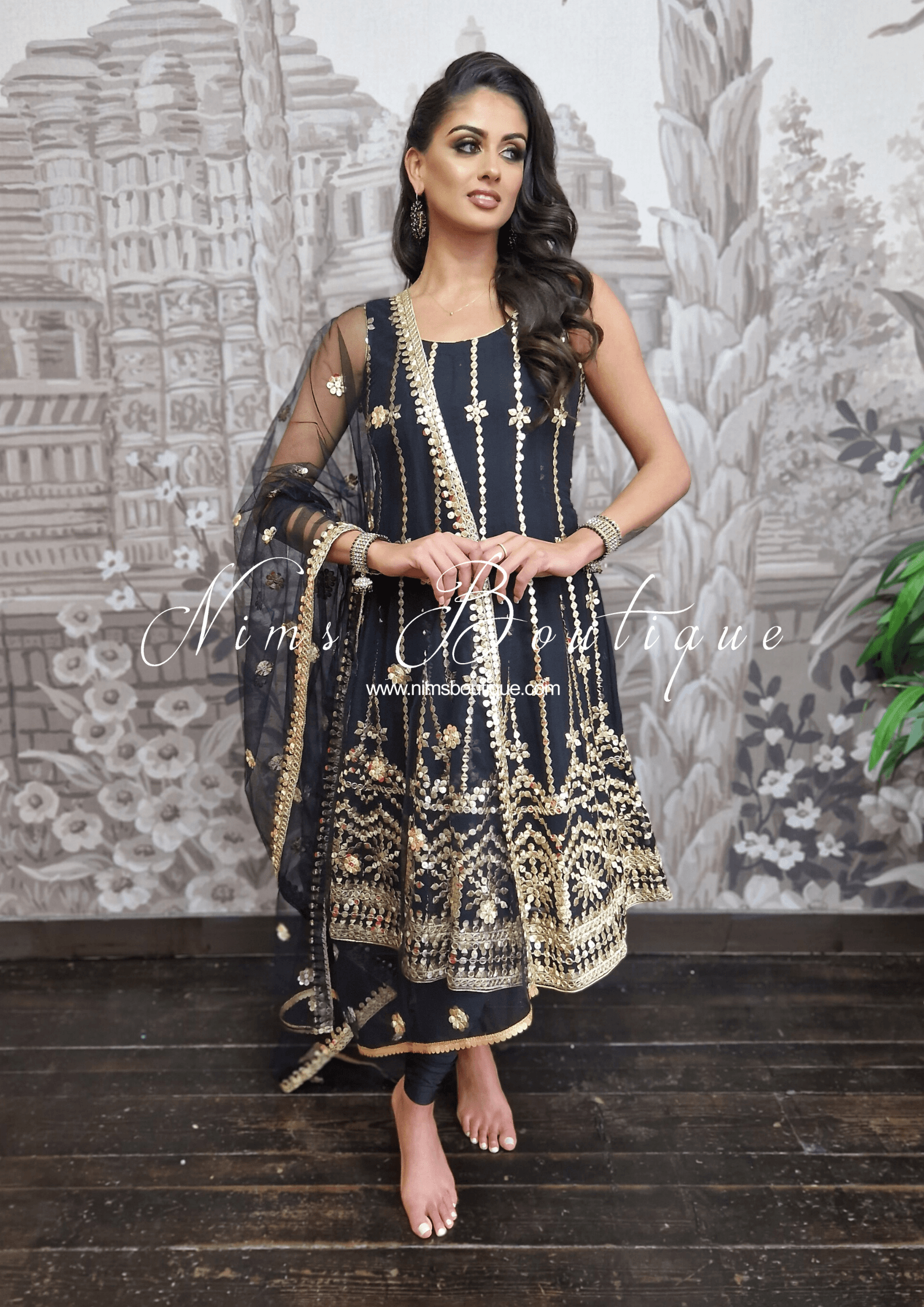 Nims Boutique Sofiya Black Sequin Anarkali Suit with Pajami sizes 4-16