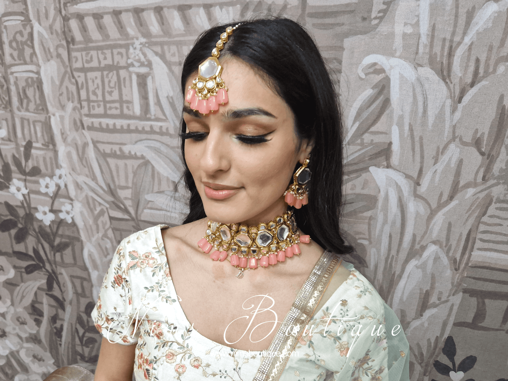 Nims Boutique Pihu Light Coral Blossom Kundan Set