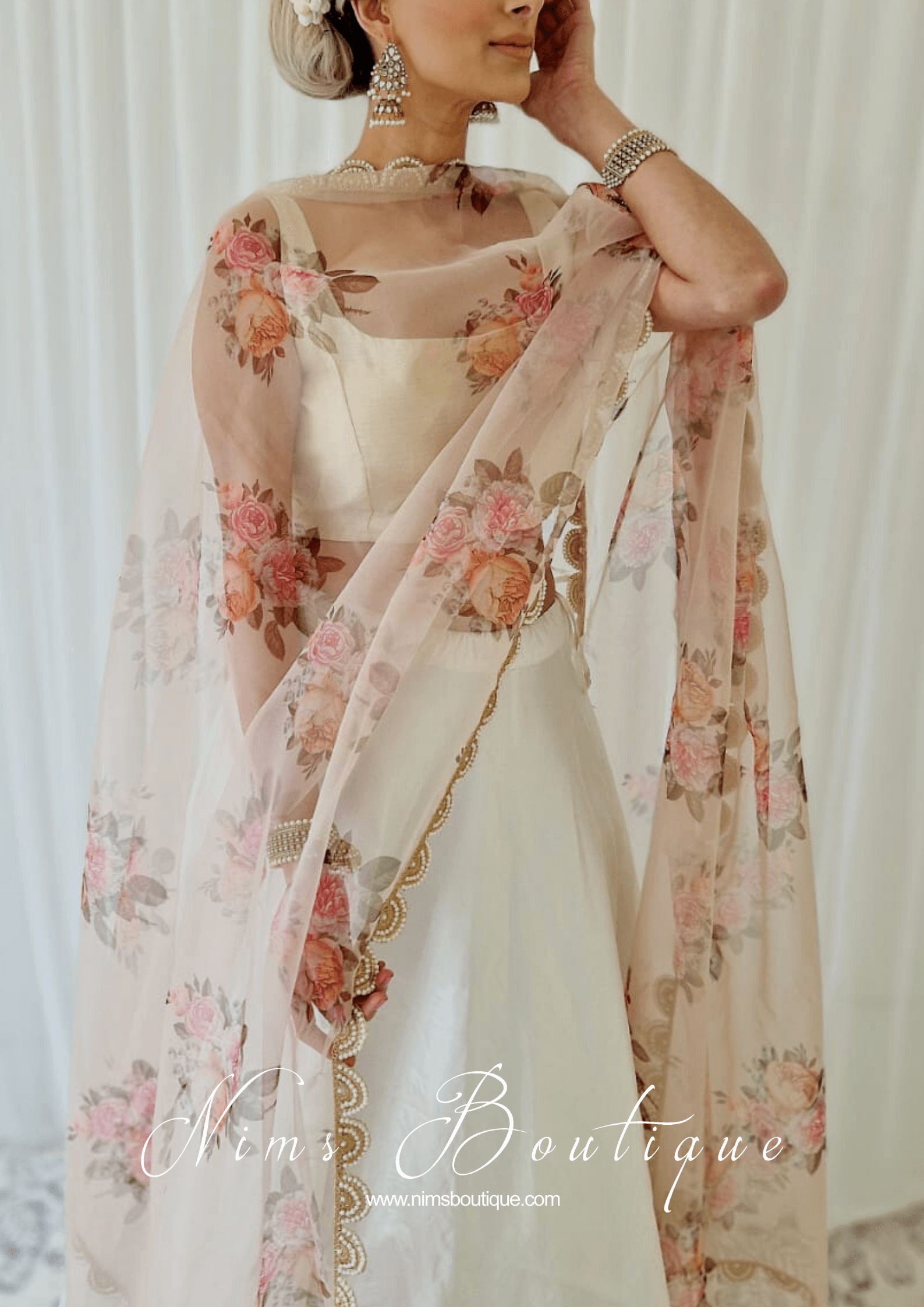 Nims Boutique Dusky Peach Organza Floral Dupatta/Chunni with Luxury Pearl Edging