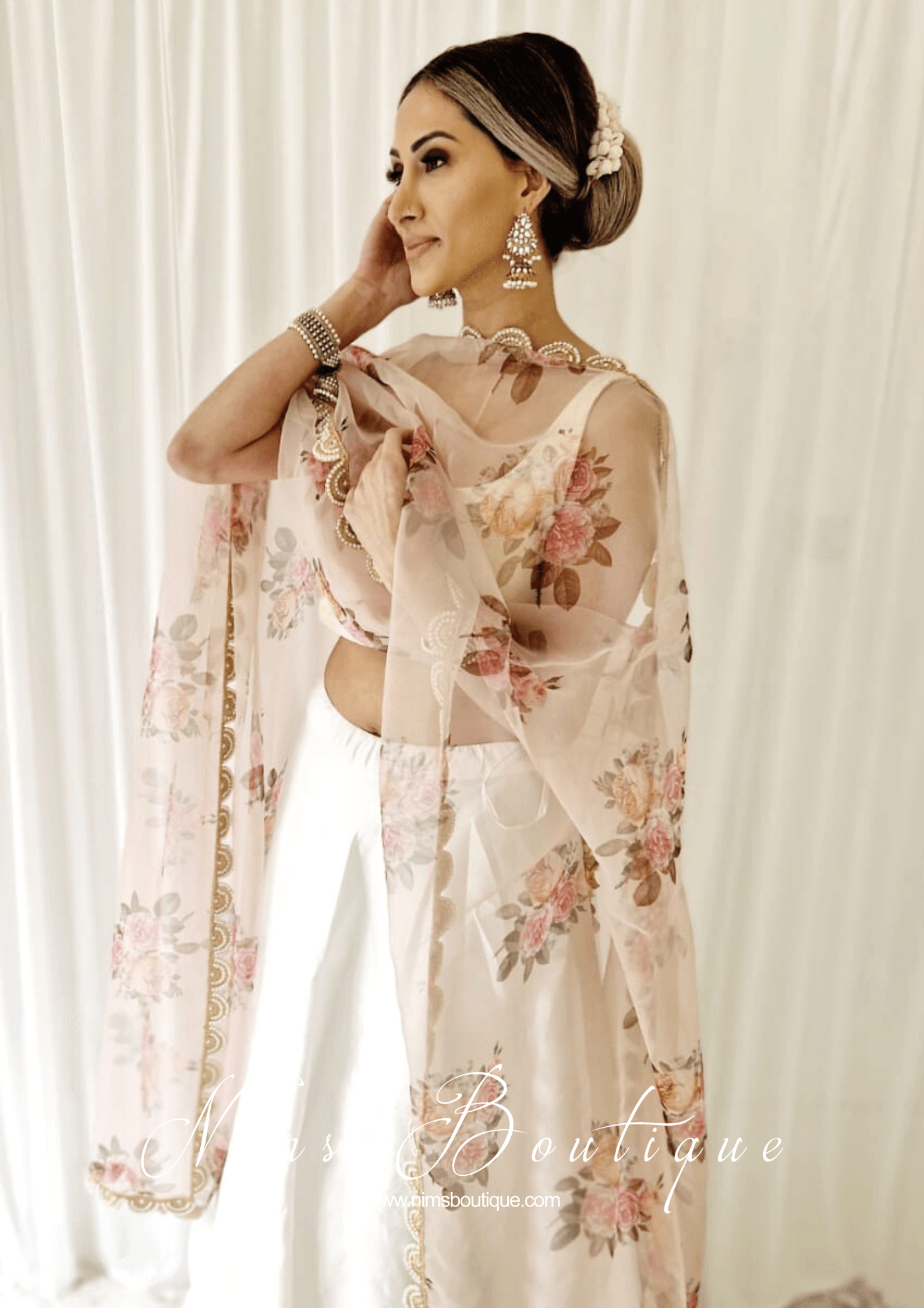 Nims Boutique Dusky Peach Organza Floral Dupatta/Chunni with Luxury Pearl Edging