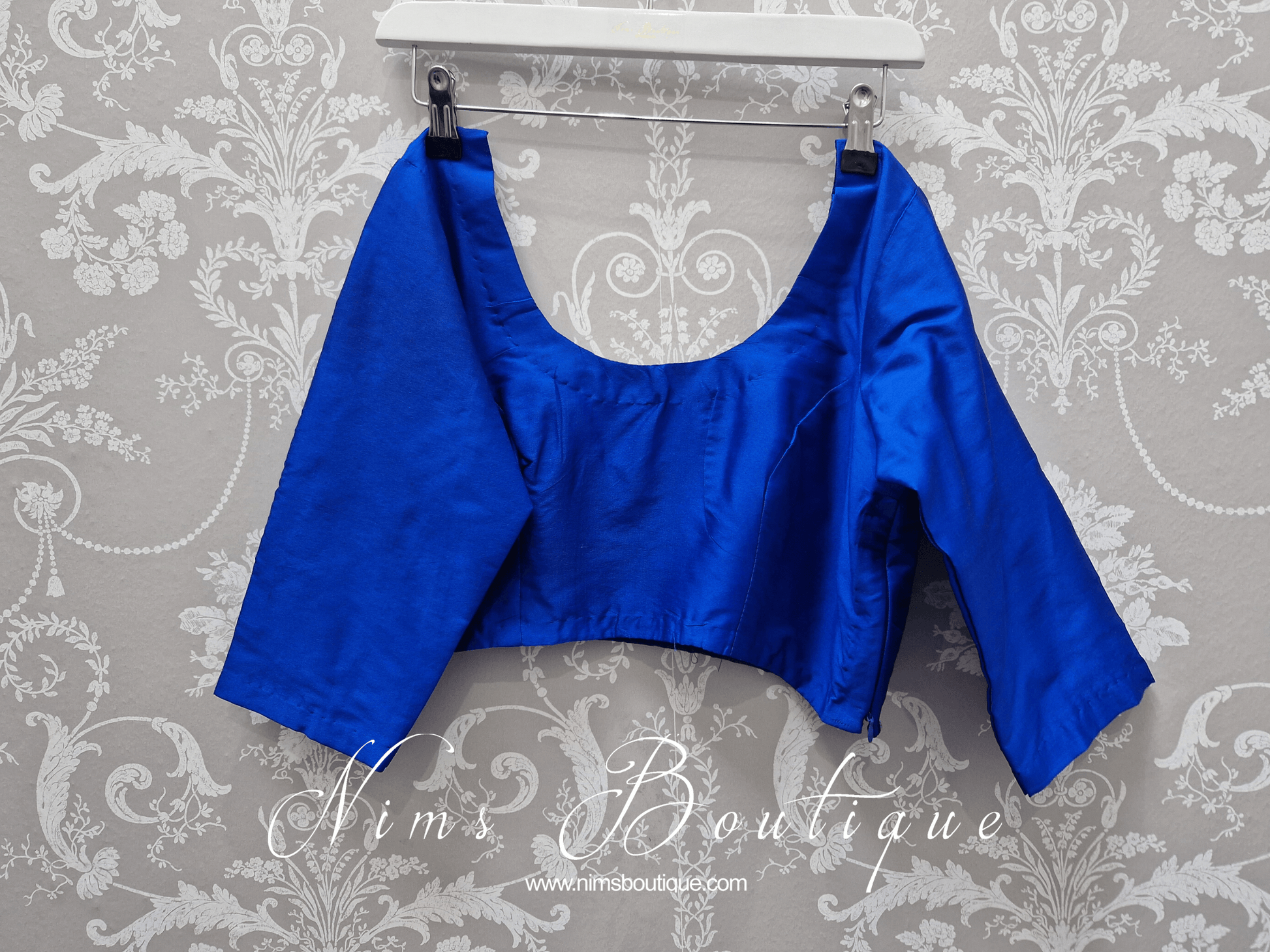 Nims Boutique Royal Blue Pure Silk Scoop Neck Blouse with sleeves size 8-24