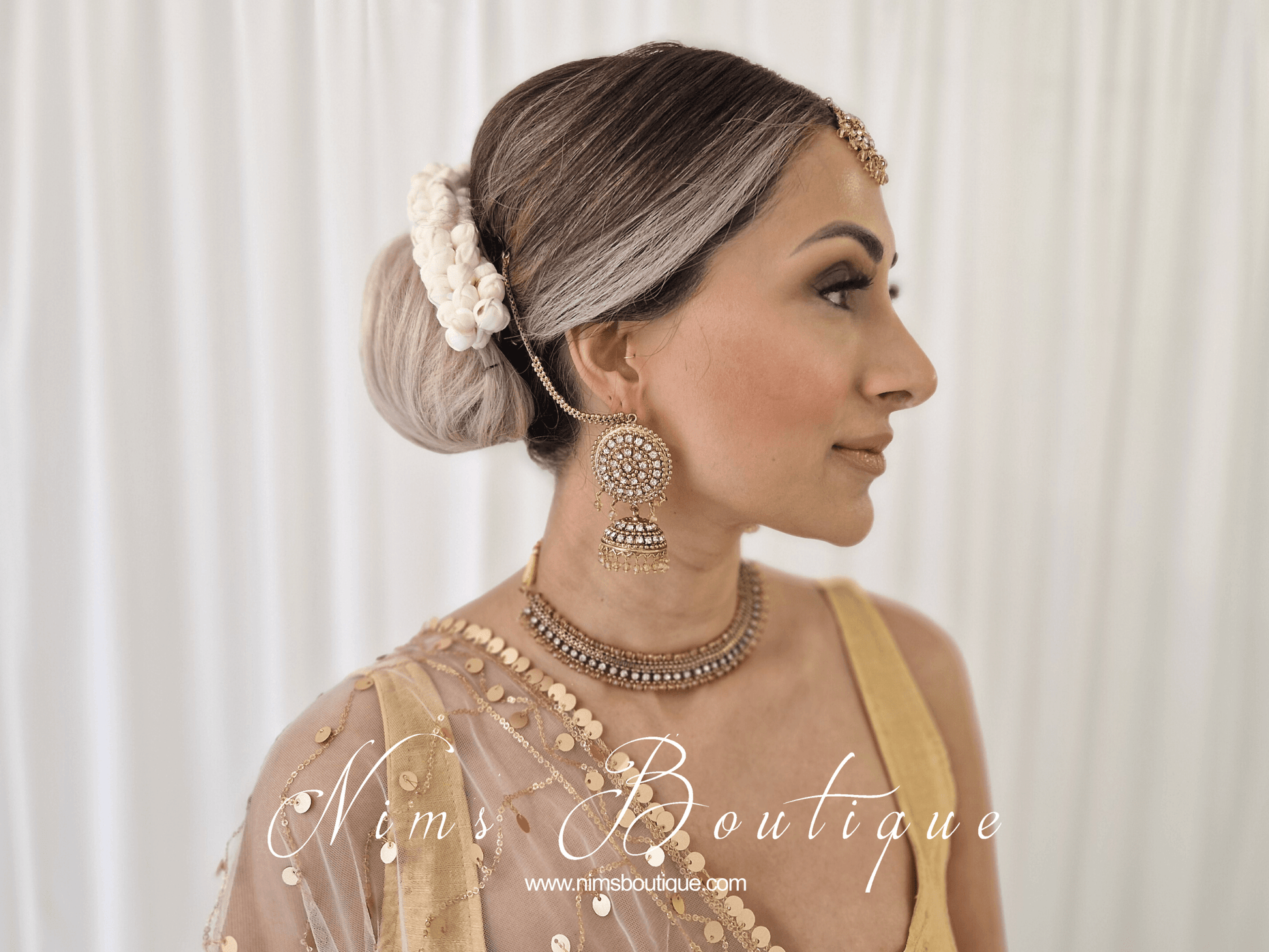 Nims Boutique Royal Antique Gold & Clear Stone Tikka Set