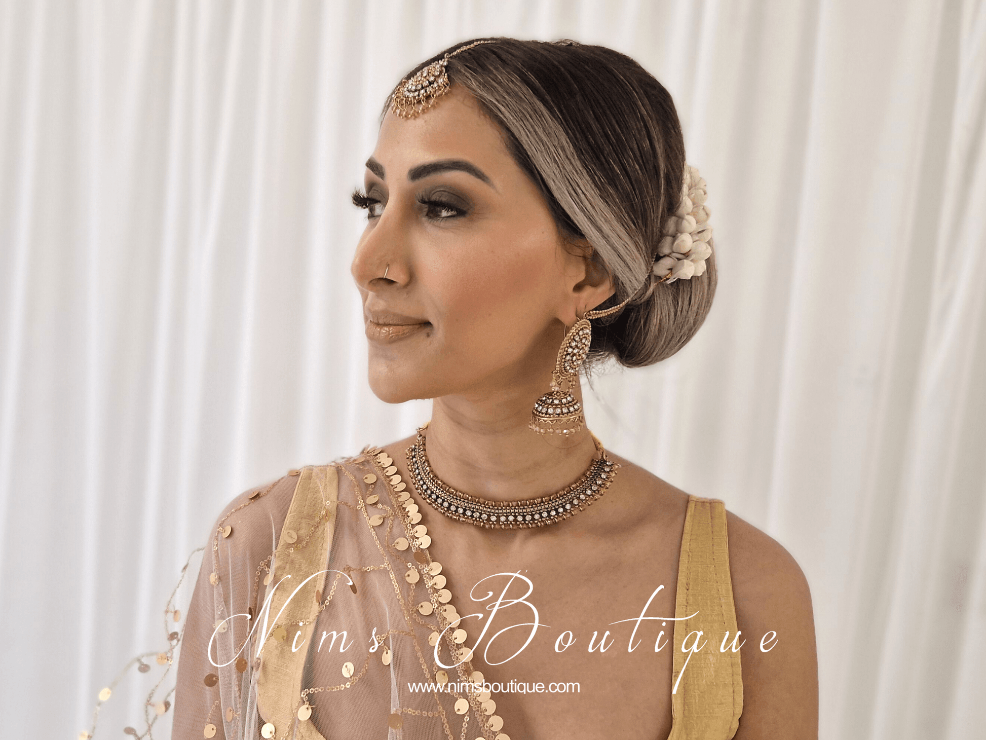 Nims Boutique Royal Antique Gold & Clear Stone Tikka Set
