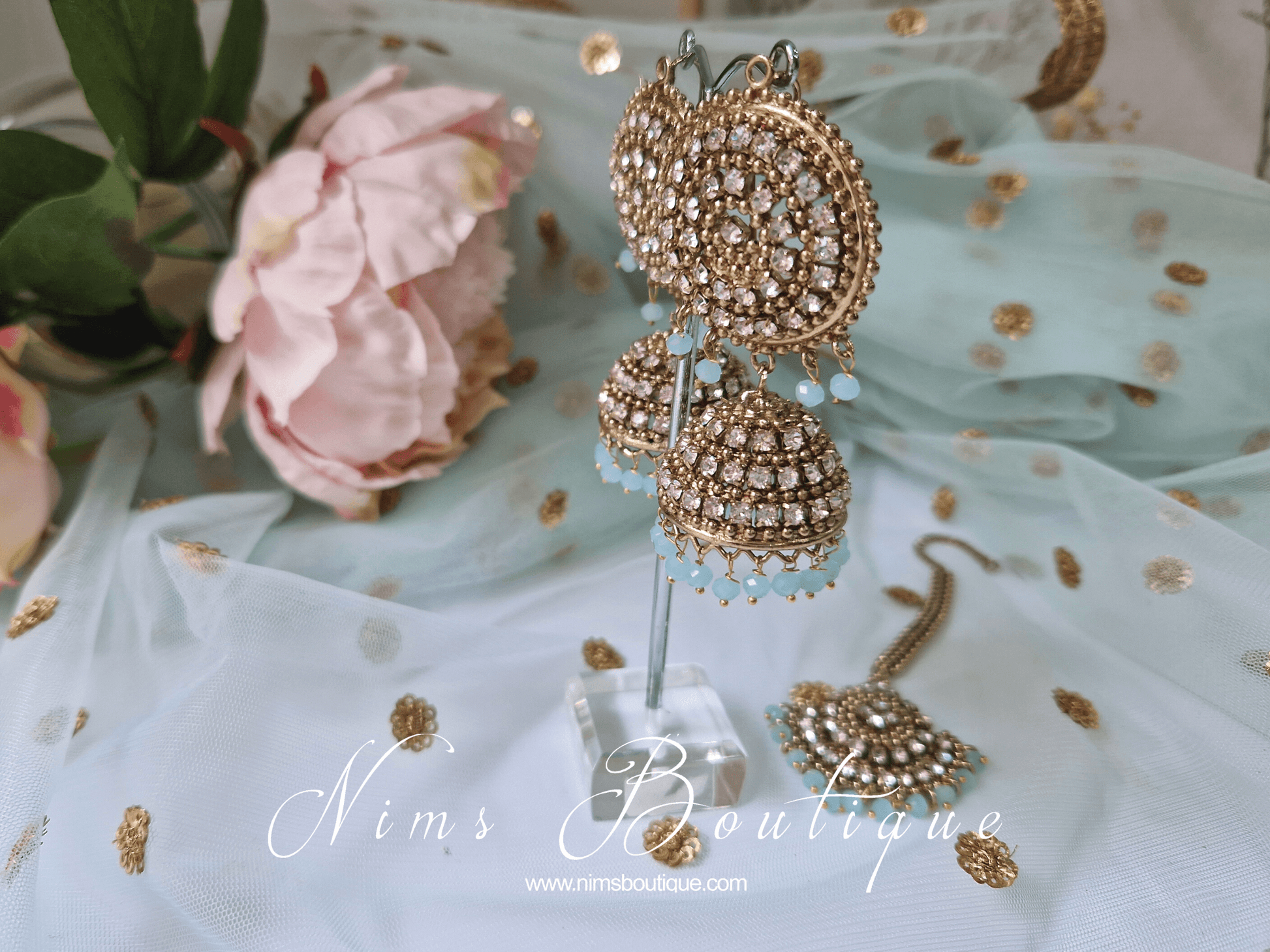 Nims Boutique Royal Antique Gold & Light Blue Tikka Set