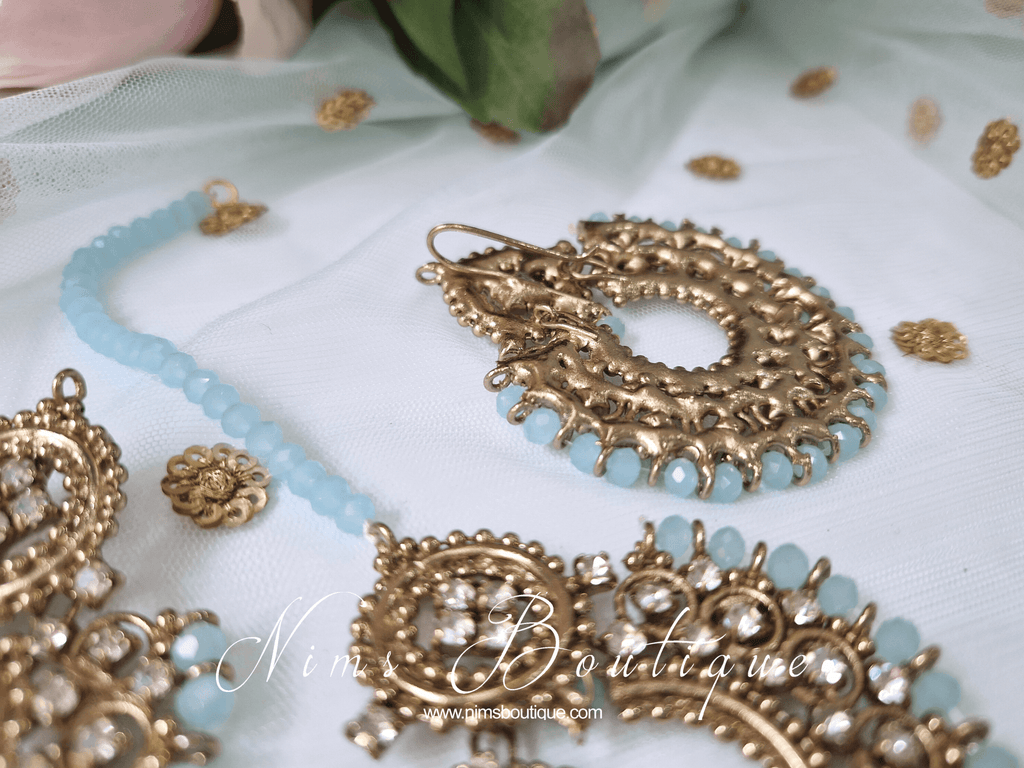 Nims Boutique Royal Antique Gold & Light Blue Chand Tikka Set 6cm