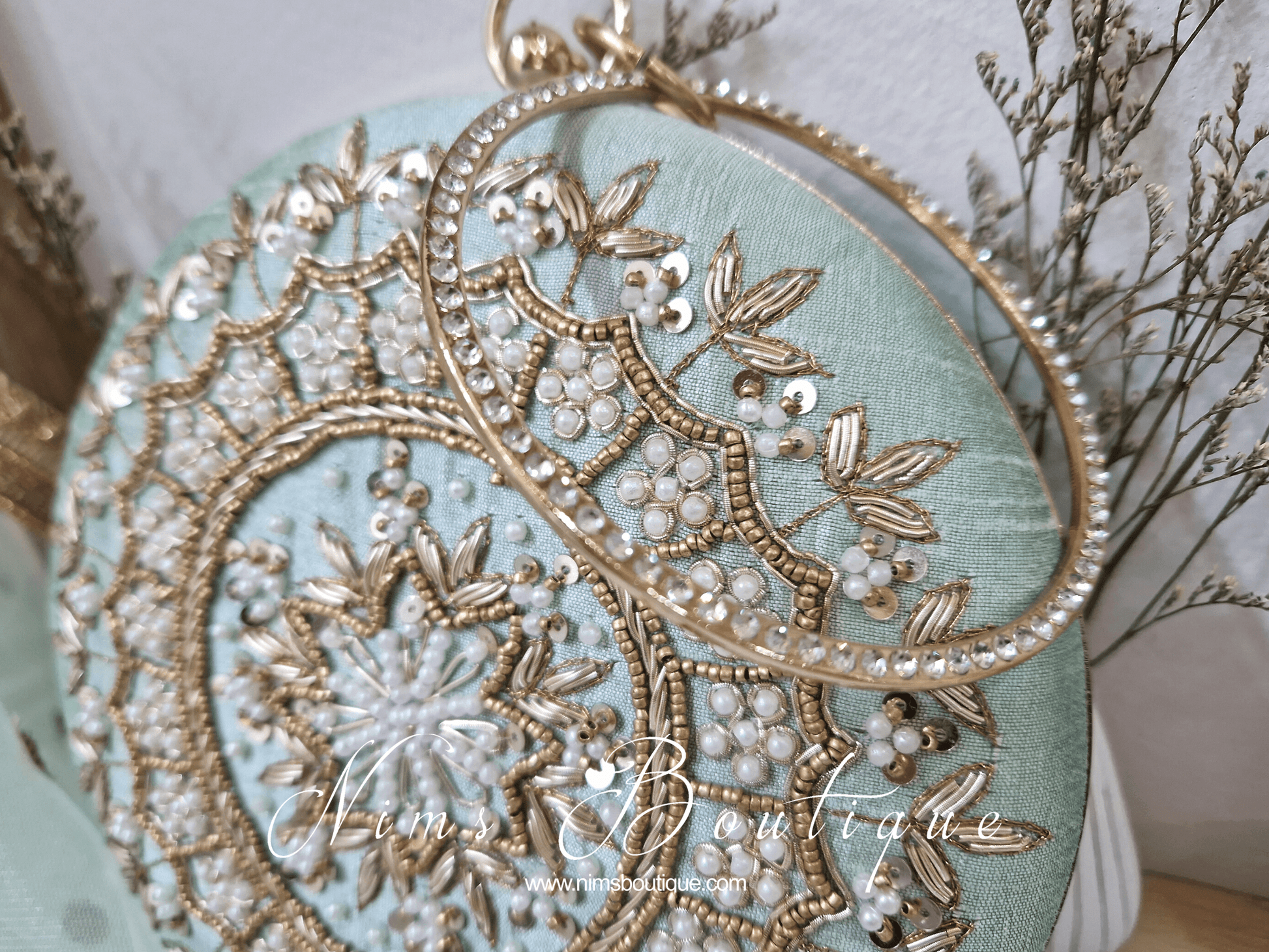Nims Boutique Large Round Mint Green & Pearl Clutch Bag
