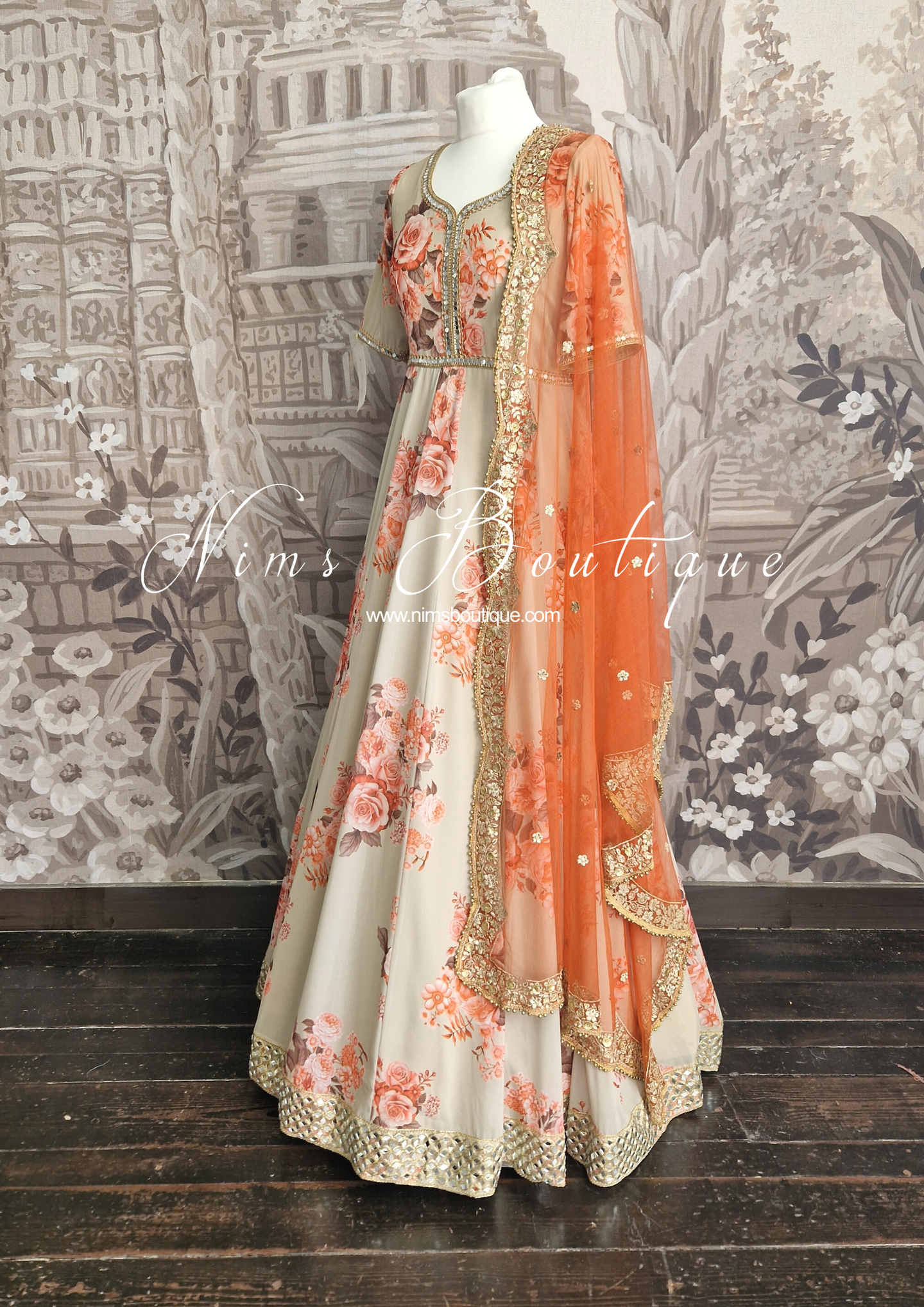 Dahlia Luxury Beige Floral Long Gown with Pajami (sizes 6-14)