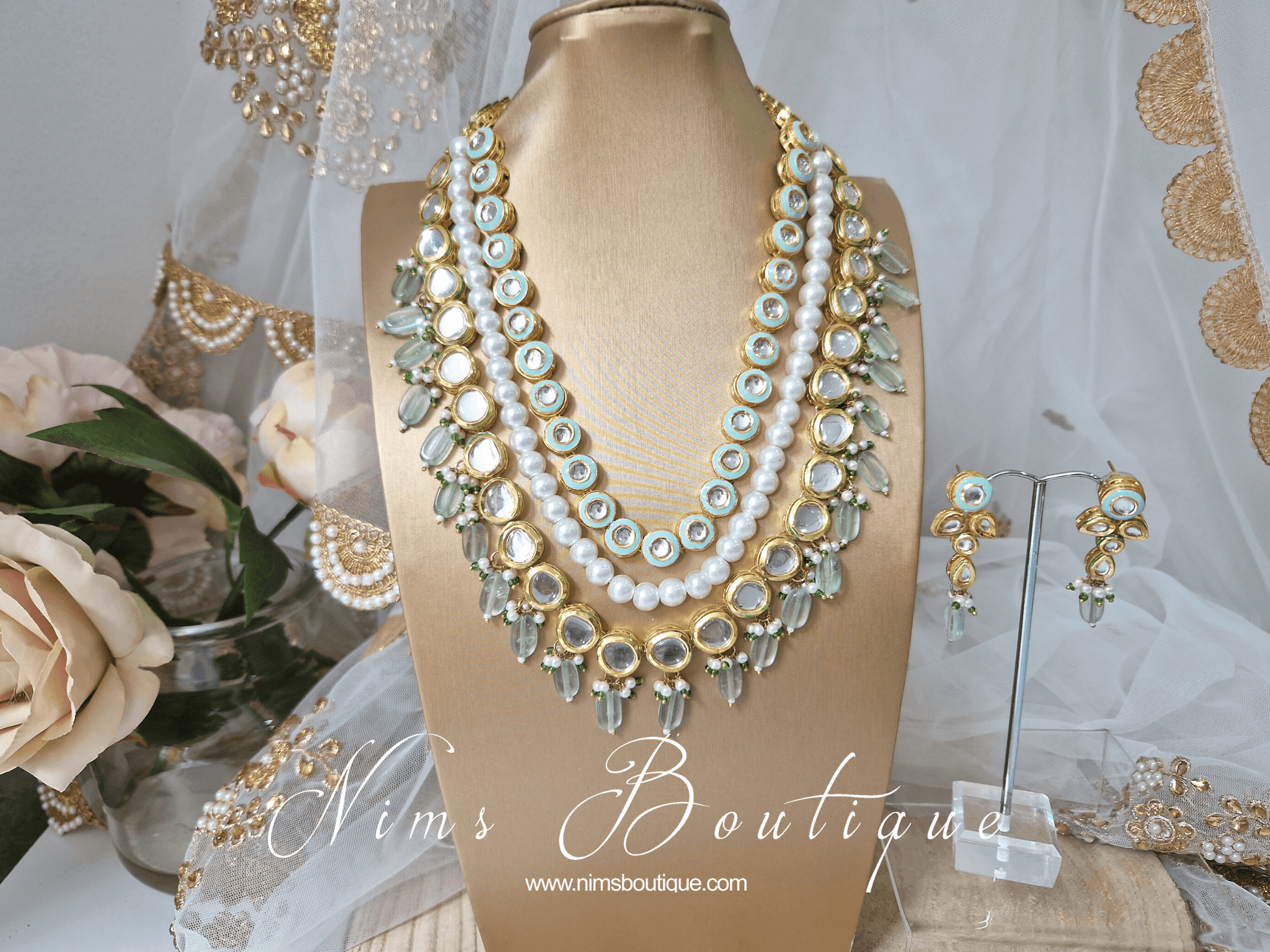 Nims Boutique Myra Blossom Kundan Mint Haar Set