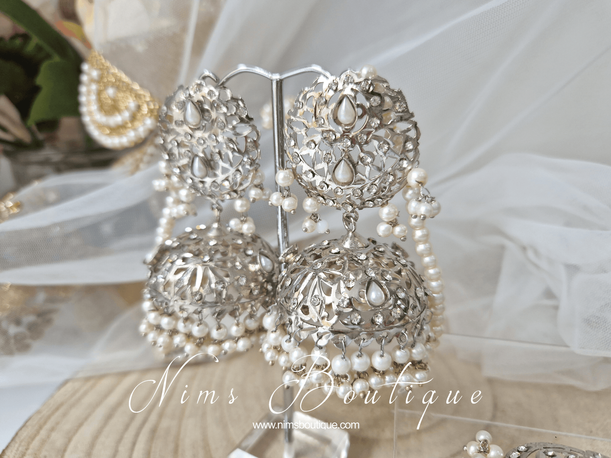 Nims Boutique Mughal Silver & Pearl Earrings & Tikka Set