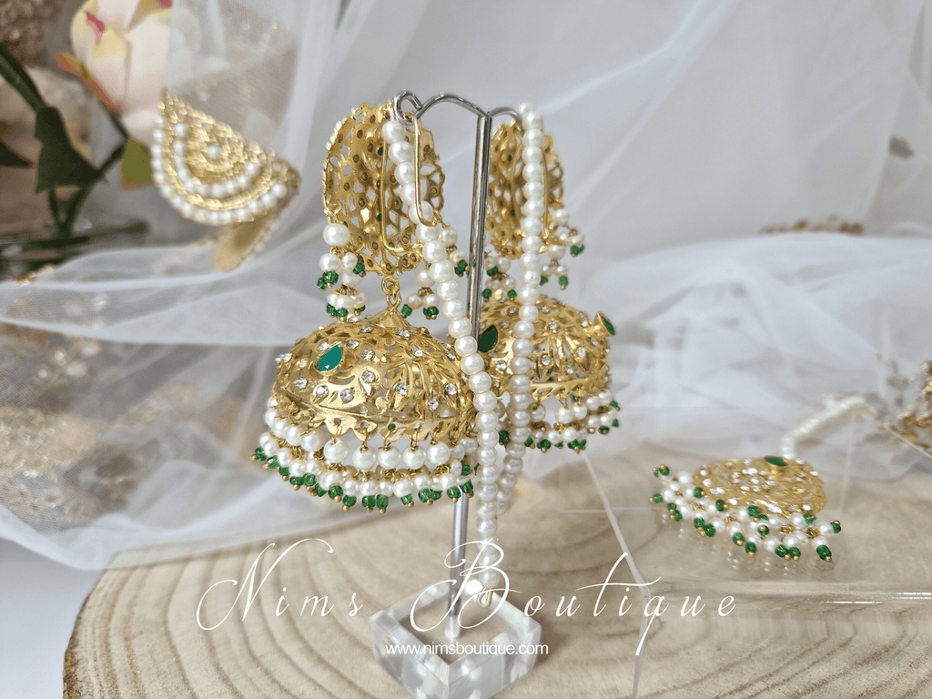 Nims Boutique Mughal Gold & Green Earrings & Tikka Set
