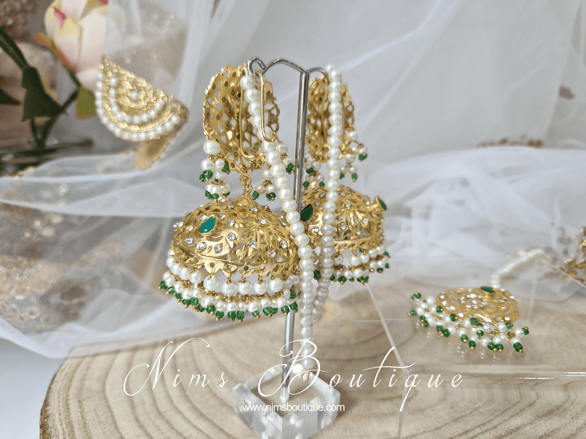 Nims Boutique Mughal Gold & Green Earrings & Tikka Set