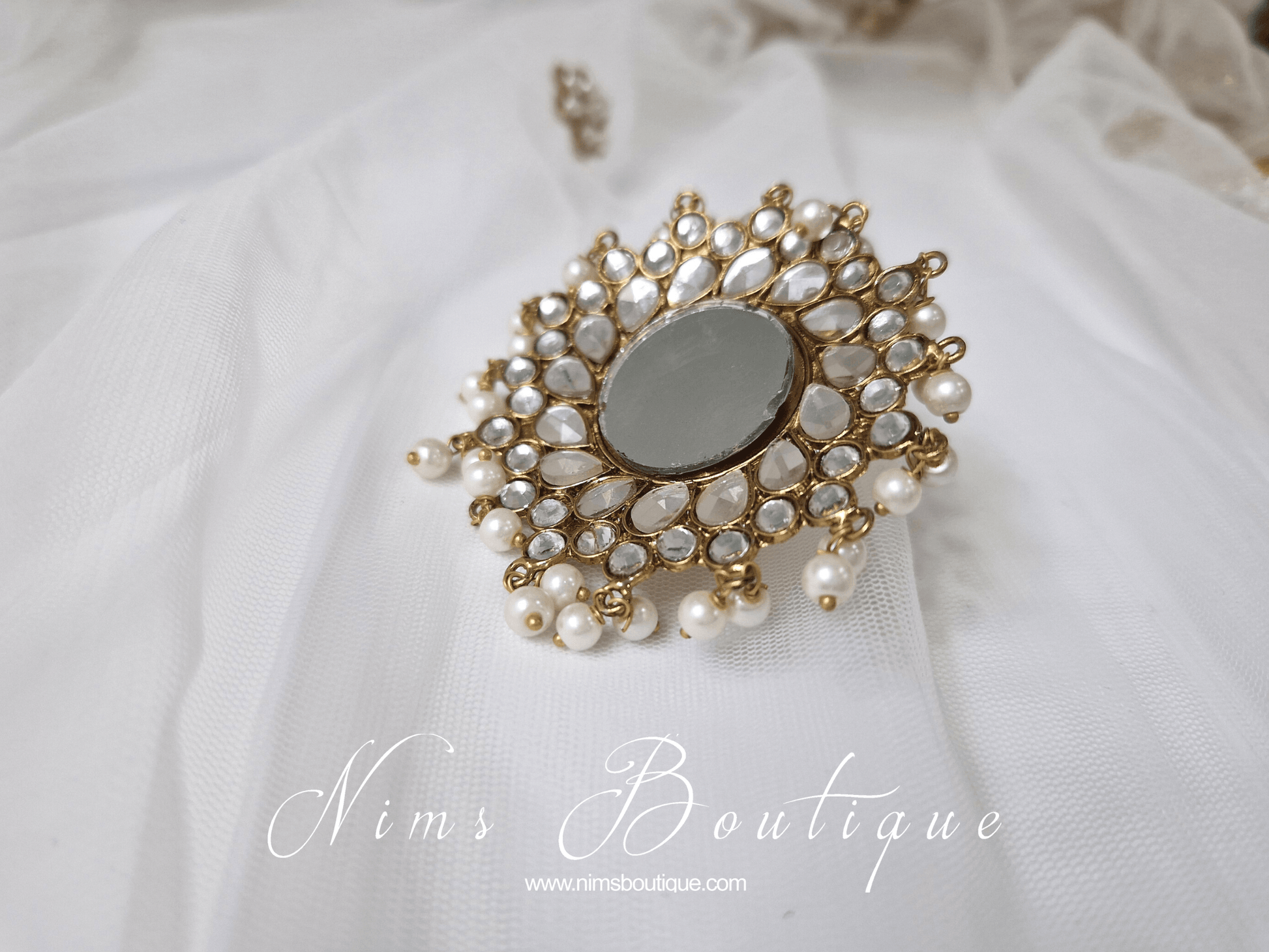 Nims Boutique Large Statement Royal Gold & Pearl Mirror Ring