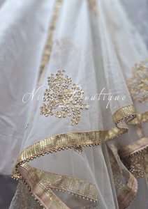 Oyster White Net Pearl Embellished Dupatta/Chunni with Gold Border