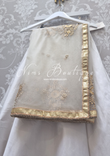 Oyster White Net Pearl Embellished Dupatta/Chunni with Gold Border