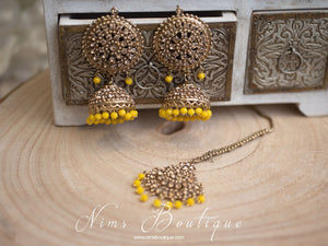 Nims Boutique Royal Dark Yellow & Gold Stone Chumke & Tikka Set