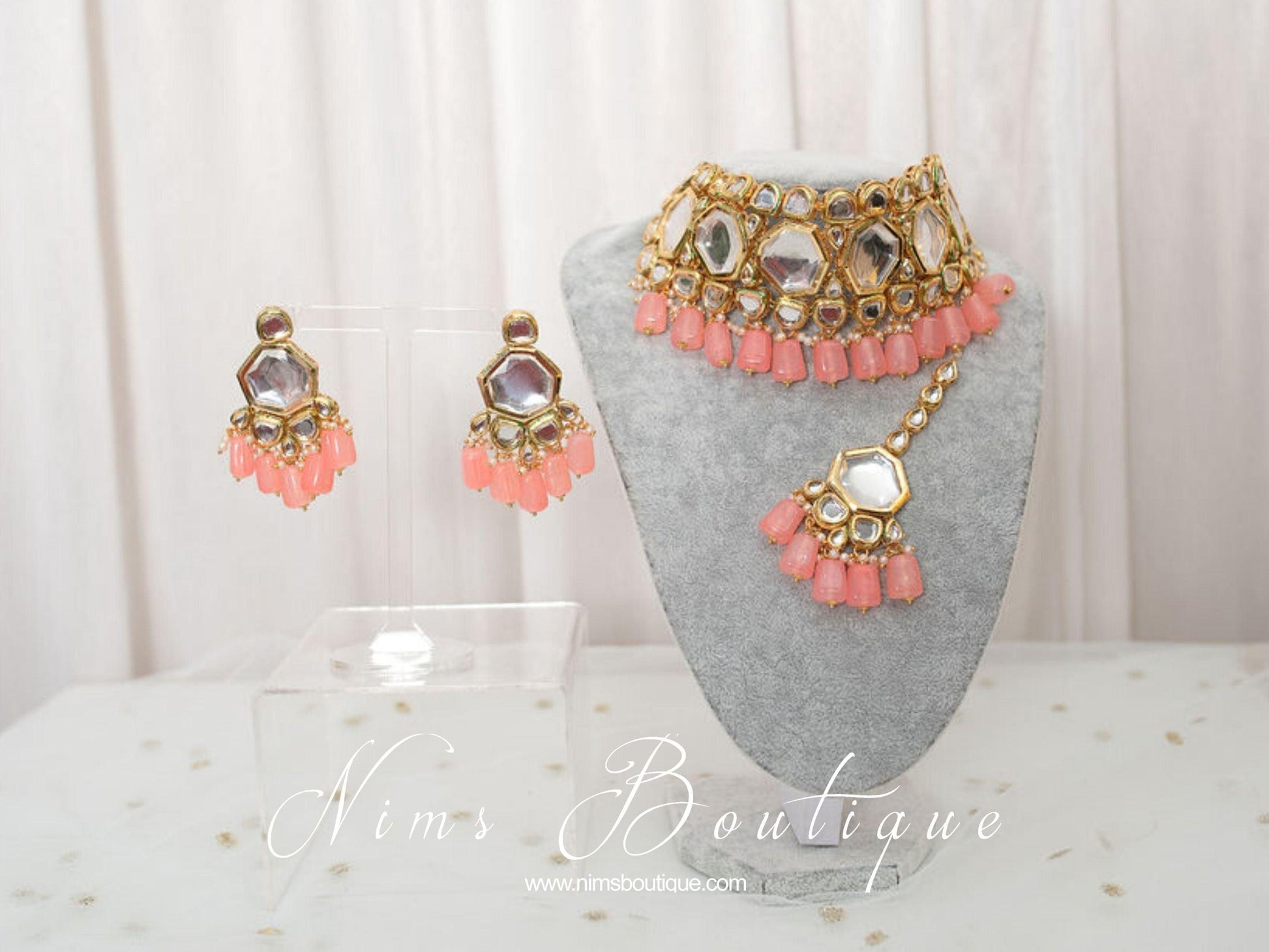 Nims Boutique Pihu Light Coral Blossom Kundan Set