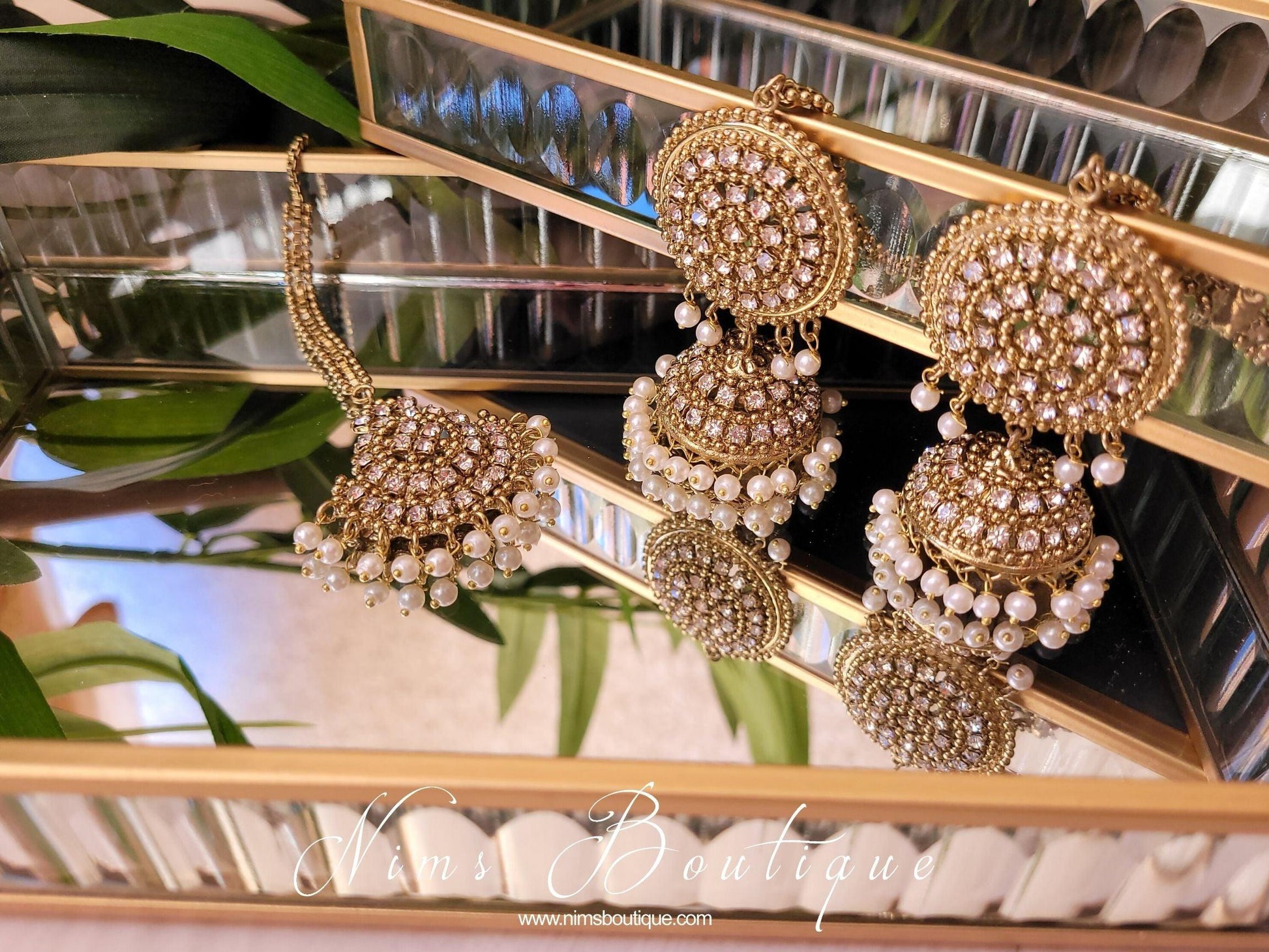 Nims Boutique Royal Antique Gold & Pearl Chumke & Tikka Set with earring chains