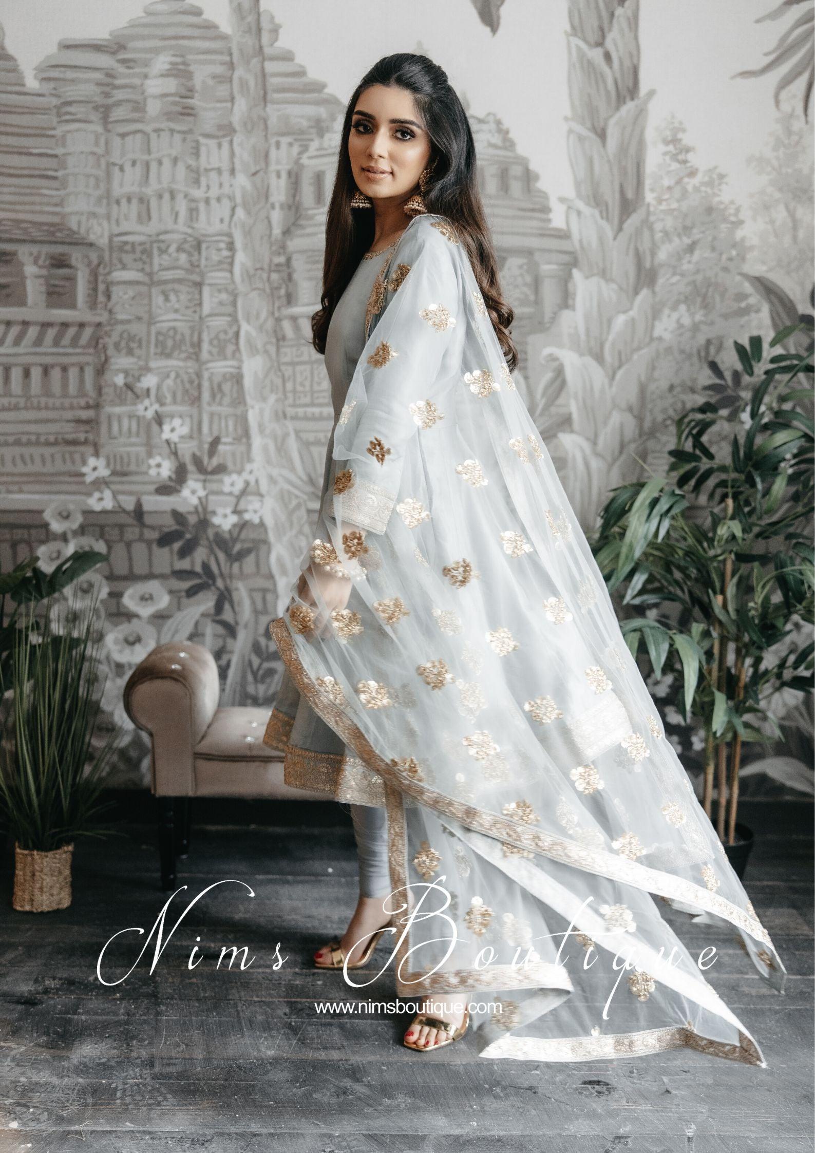 Nims Boutique Rashmi Luxury Grey Silk Anarkali Suit with Pajami size 6-8