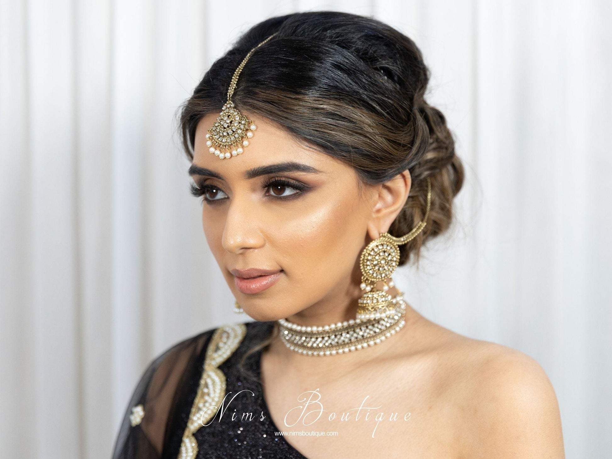 Nims Boutique Celina Pearl & Antique Gold Choker with Clear Stone