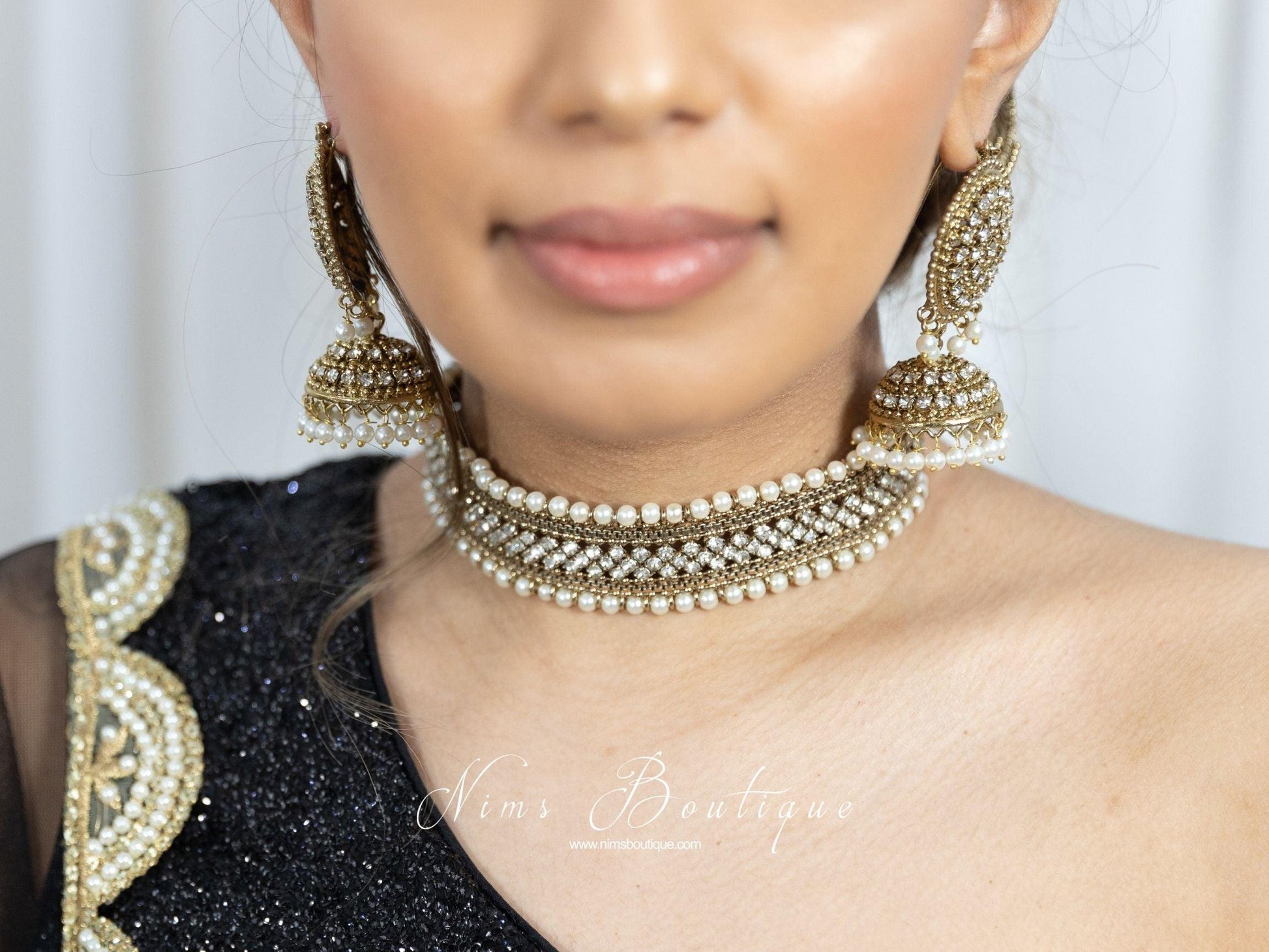Nims Boutique Celina Pearl & Antique Gold Choker with Clear Stone