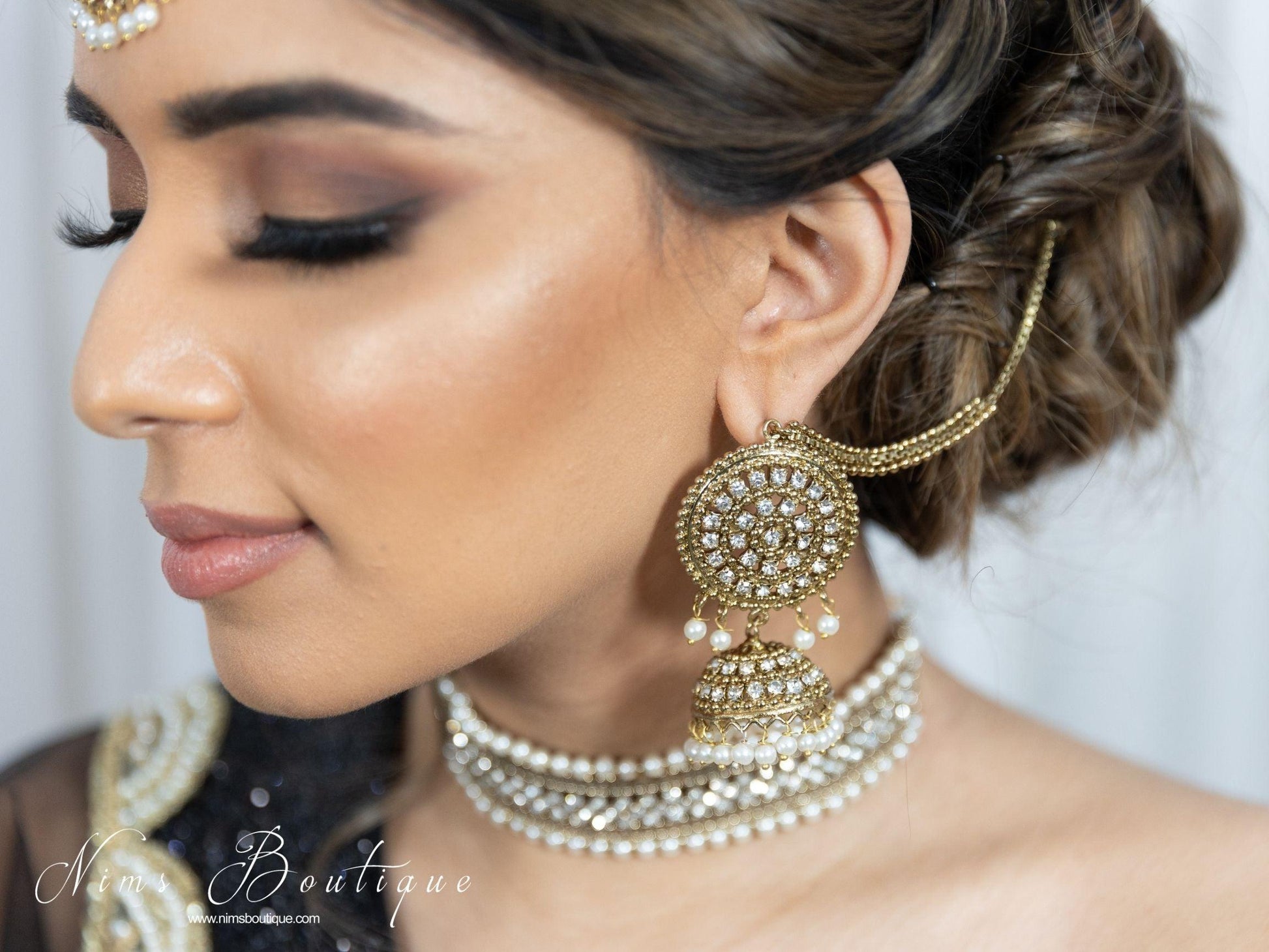 Nims Boutique Celina Pearl & Antique Gold Choker with Clear Stone