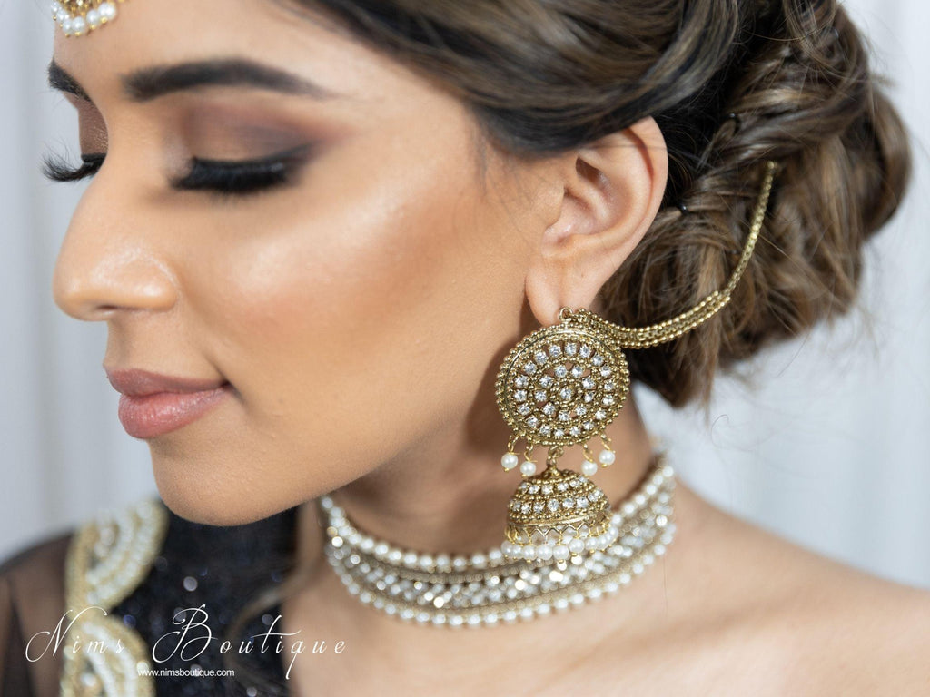 Nims Boutique Royal Antique Gold & Pearl Chumke & Tikka Set with earring chains