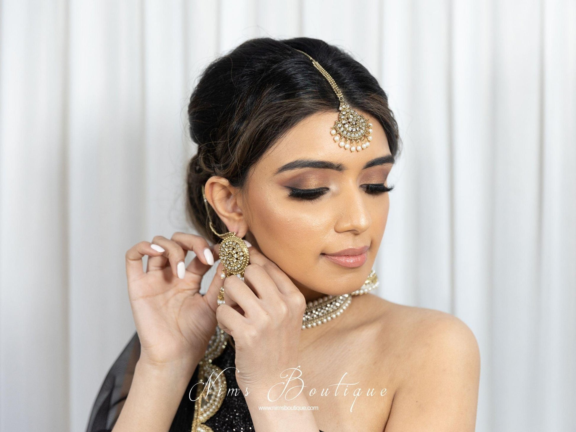 Nims Boutique Celina Pearl & Antique Gold Choker with Clear Stone