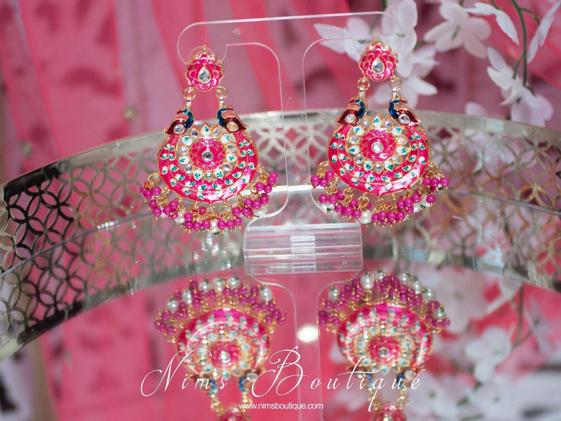 Nims Boutique Moorni Bright Pink Meenakari Peacock Earrings