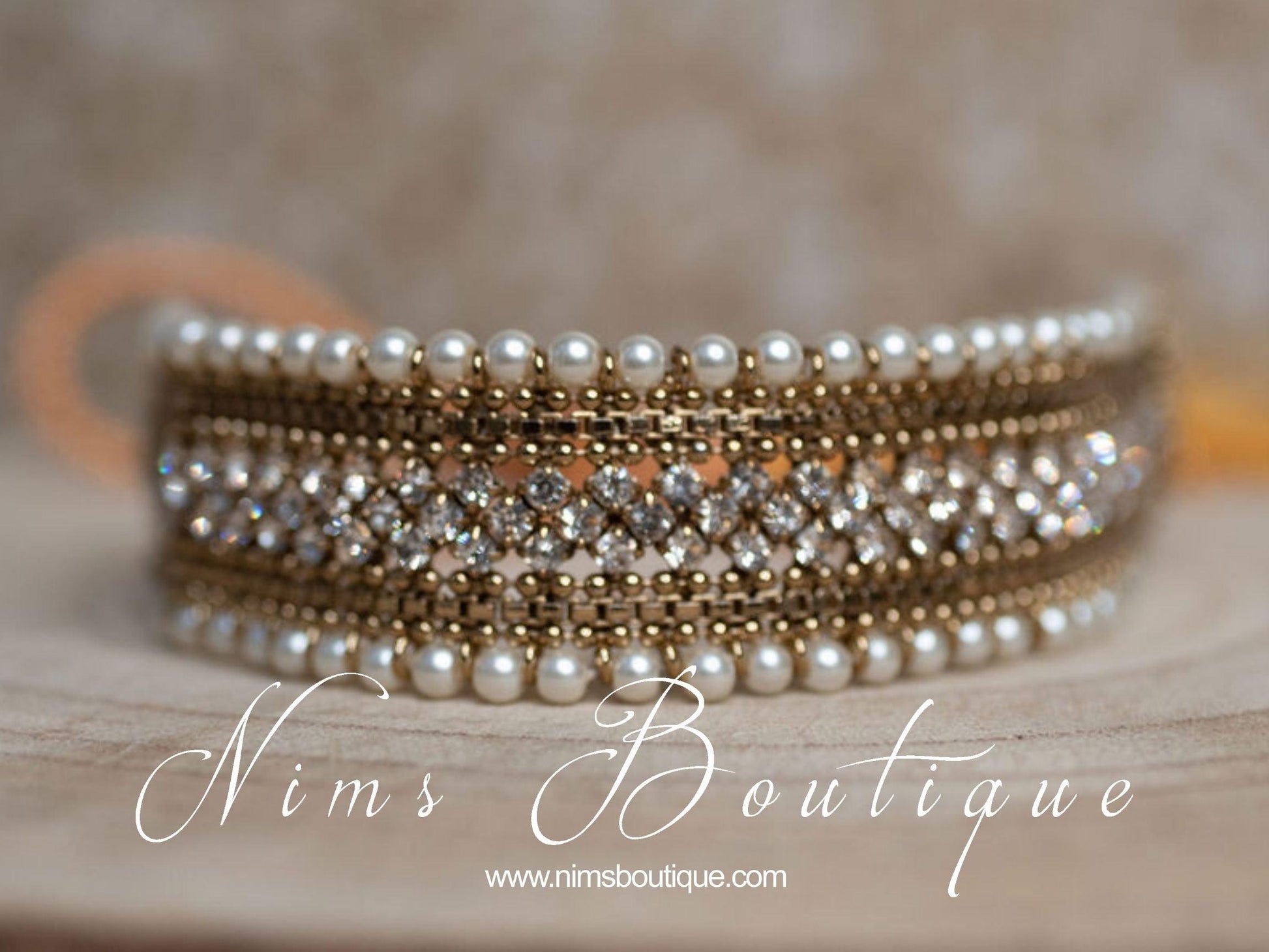Nims Boutique Celina Pearl & Antique Gold Choker with Clear Stone