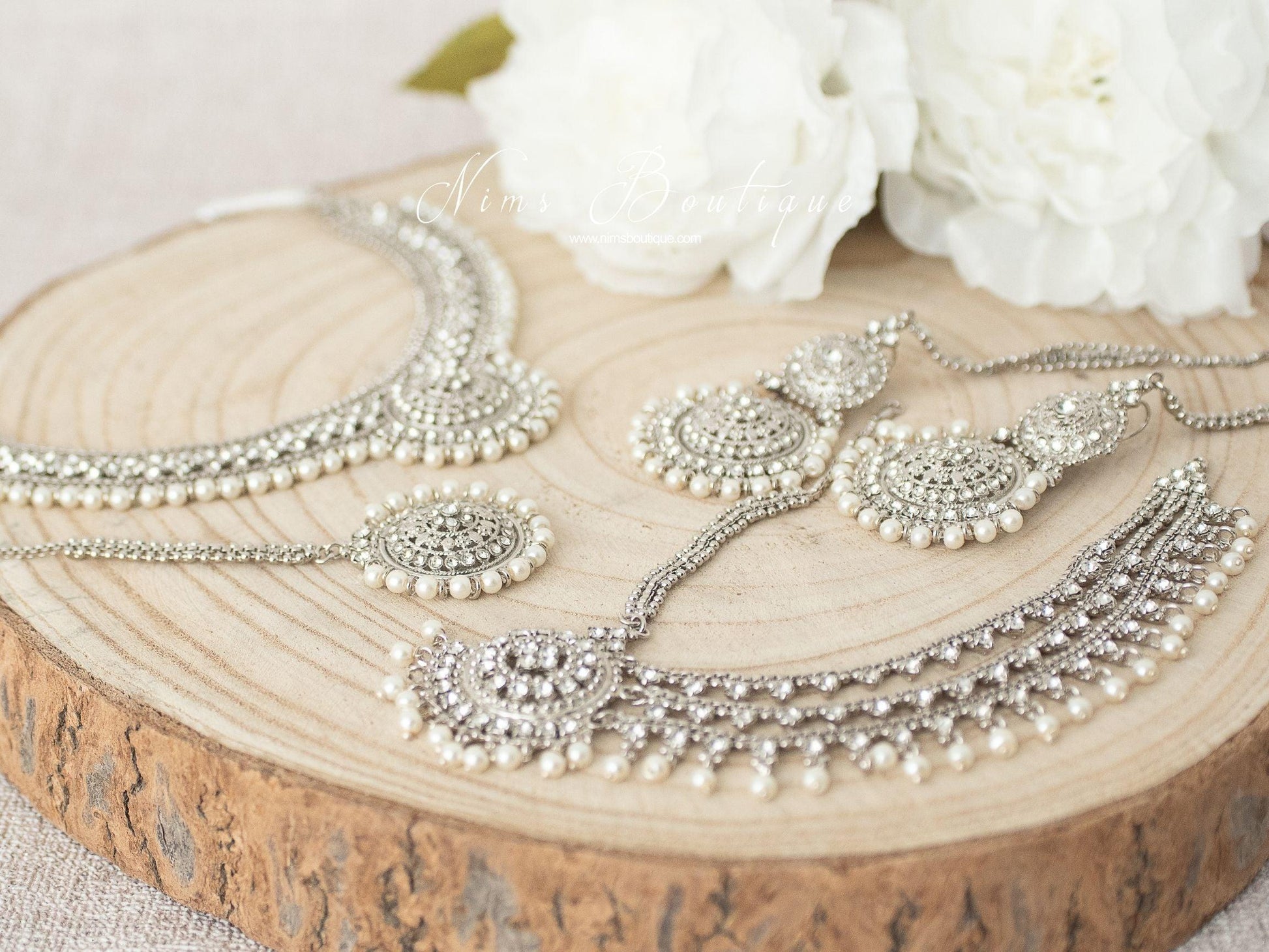 Nims Boutique Royal Silver & Pearl Headpiece/Matha Patti one side