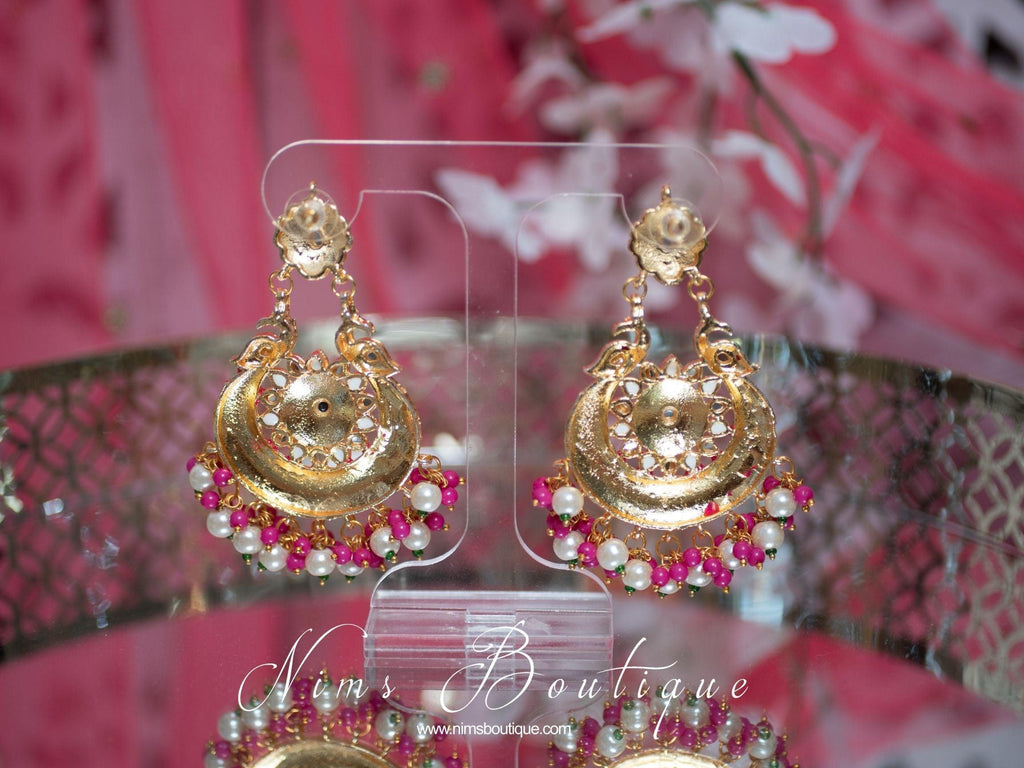 Nims Boutique Moorni Bright Pink Meenakari Peacock Earrings