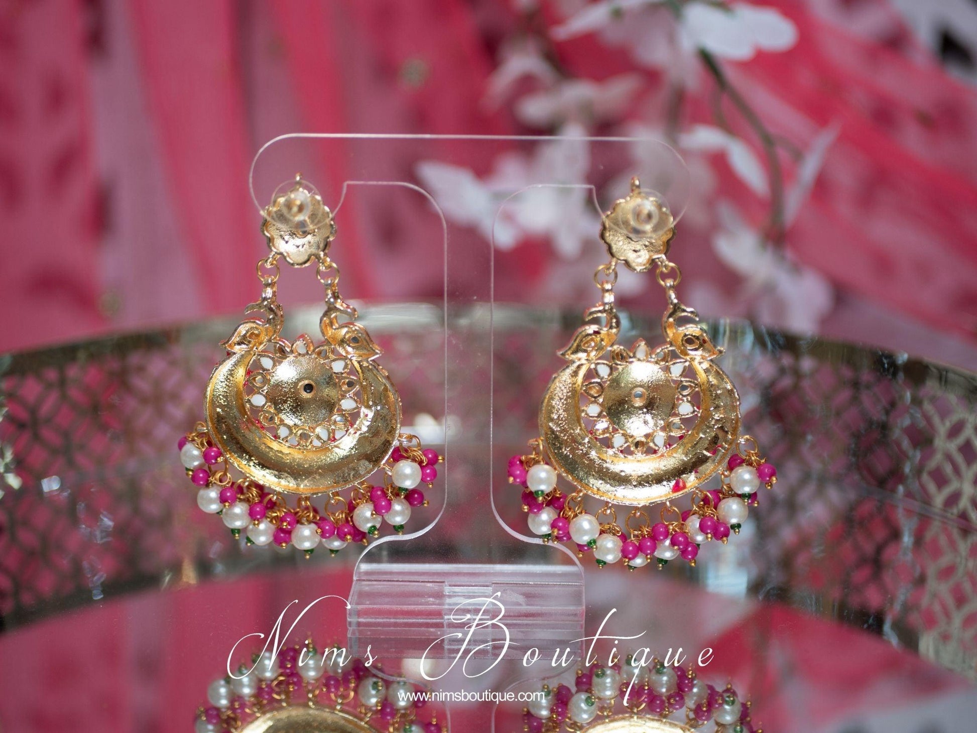 Nims Boutique Moorni Bright Pink Meenakari Peacock Earrings