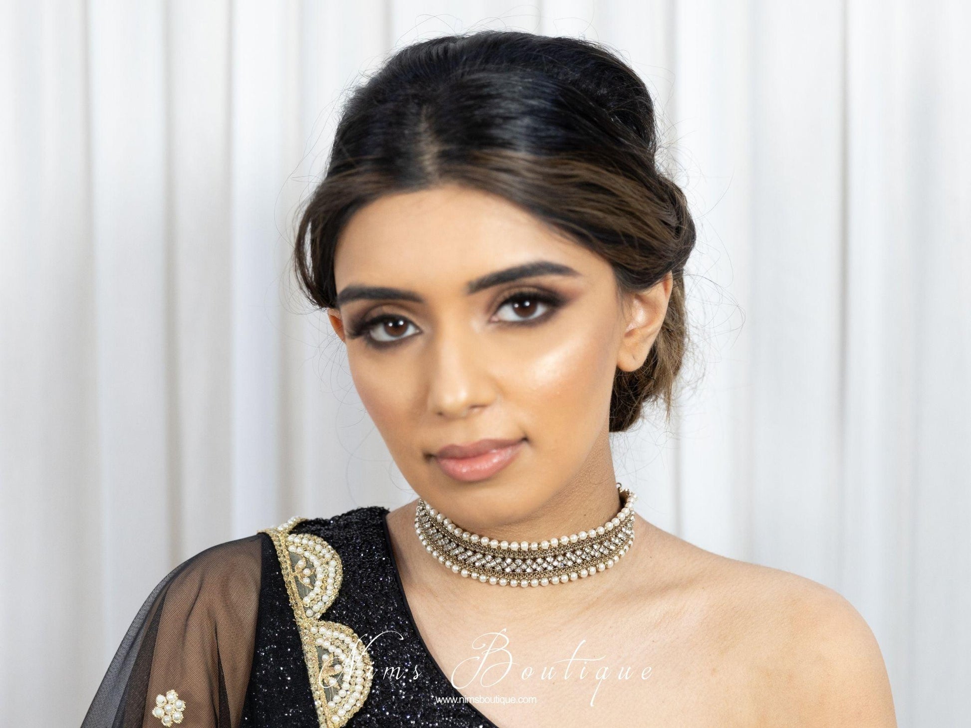 Nims Boutique Celina Pearl & Antique Gold Choker with Clear Stone