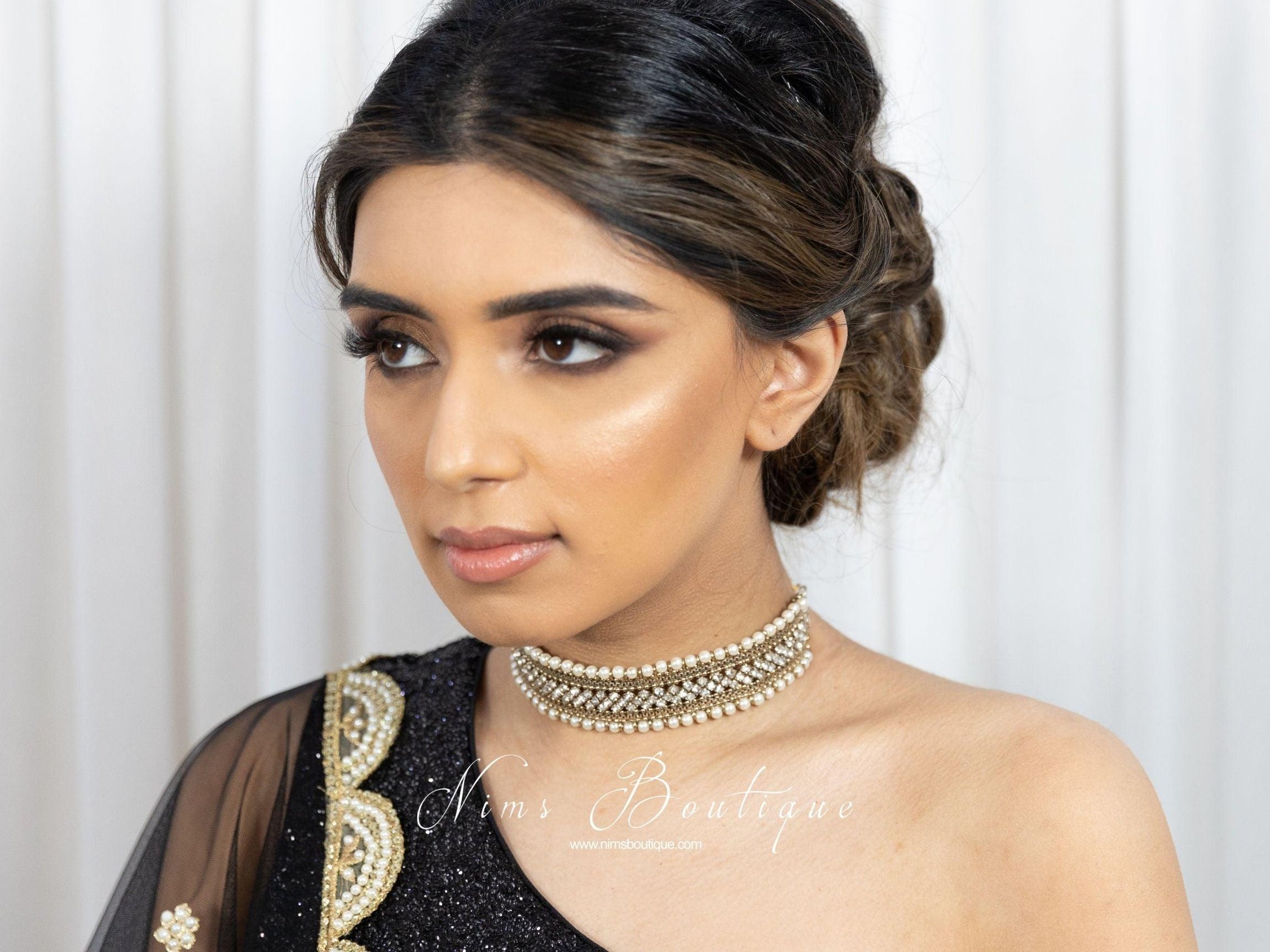 Nims Boutique Celina Pearl & Antique Gold Choker with Clear Stone