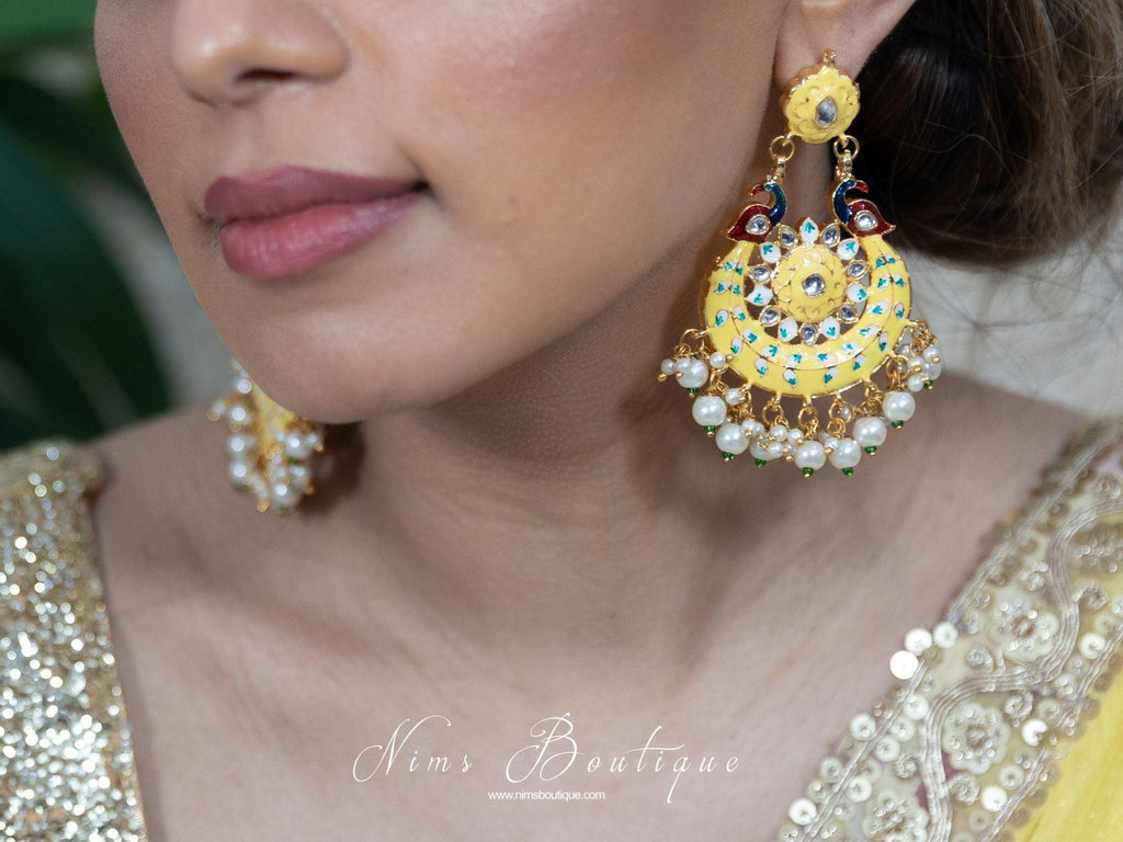Nims Boutique Moorni Lemon Yellow Meenakari Peacock Earrings