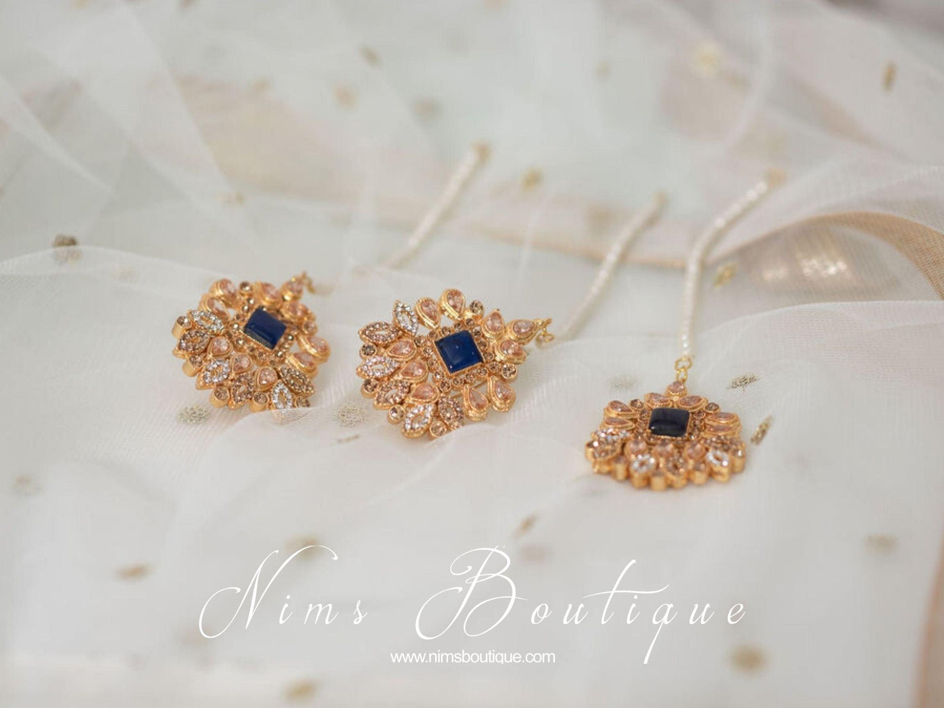 Nims Boutique Sita Gold & Navy Earrings & Tikka set