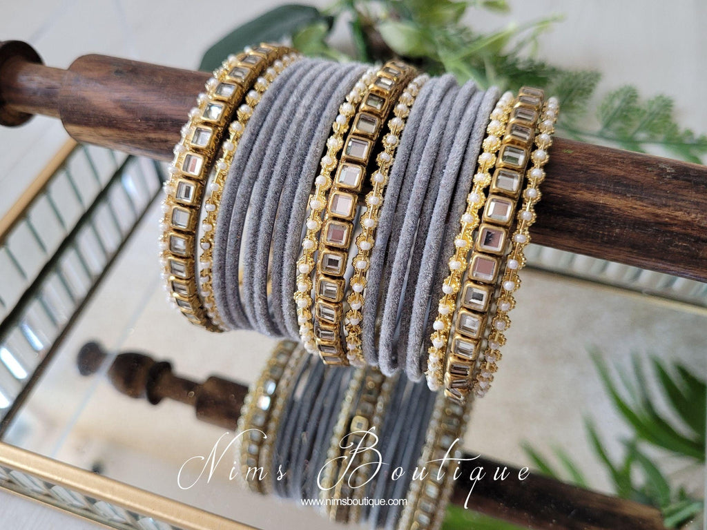 Nims Boutique Grey Velvet & Kundan Set of Bangles GV1
