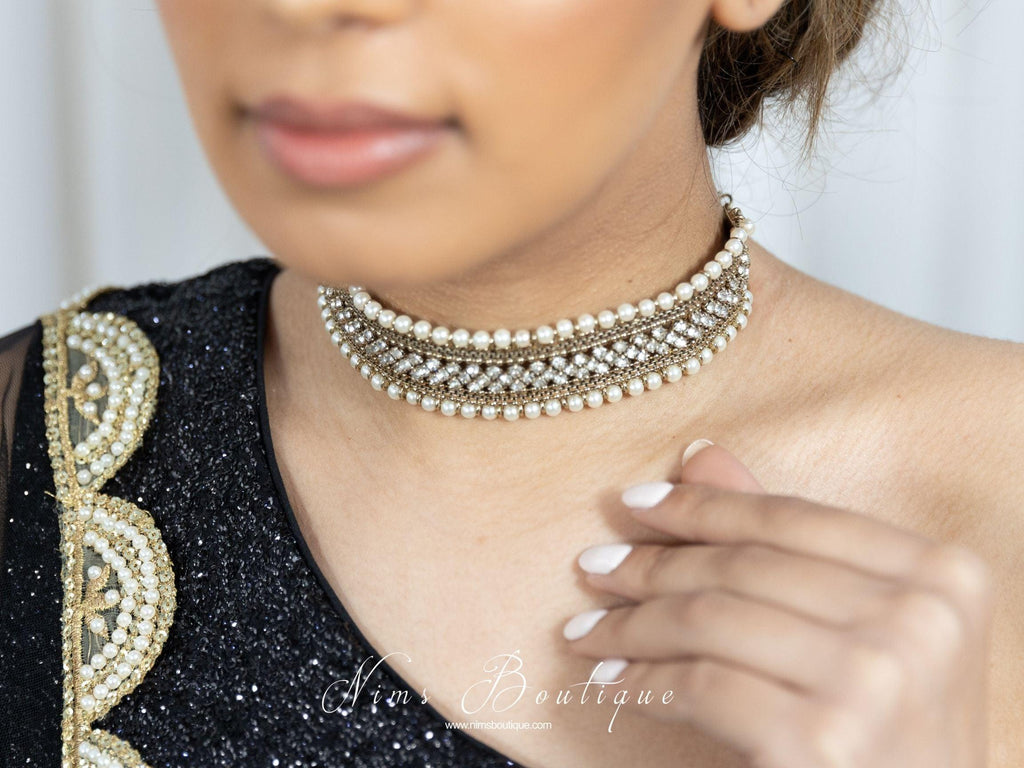Nims Boutique Celina Pearl & Antique Gold Choker with Clear Stone
