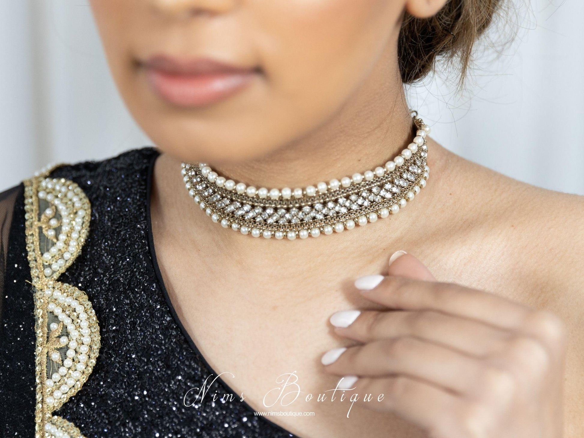 Nims Boutique Celina Pearl & Antique Gold Choker with Clear Stone